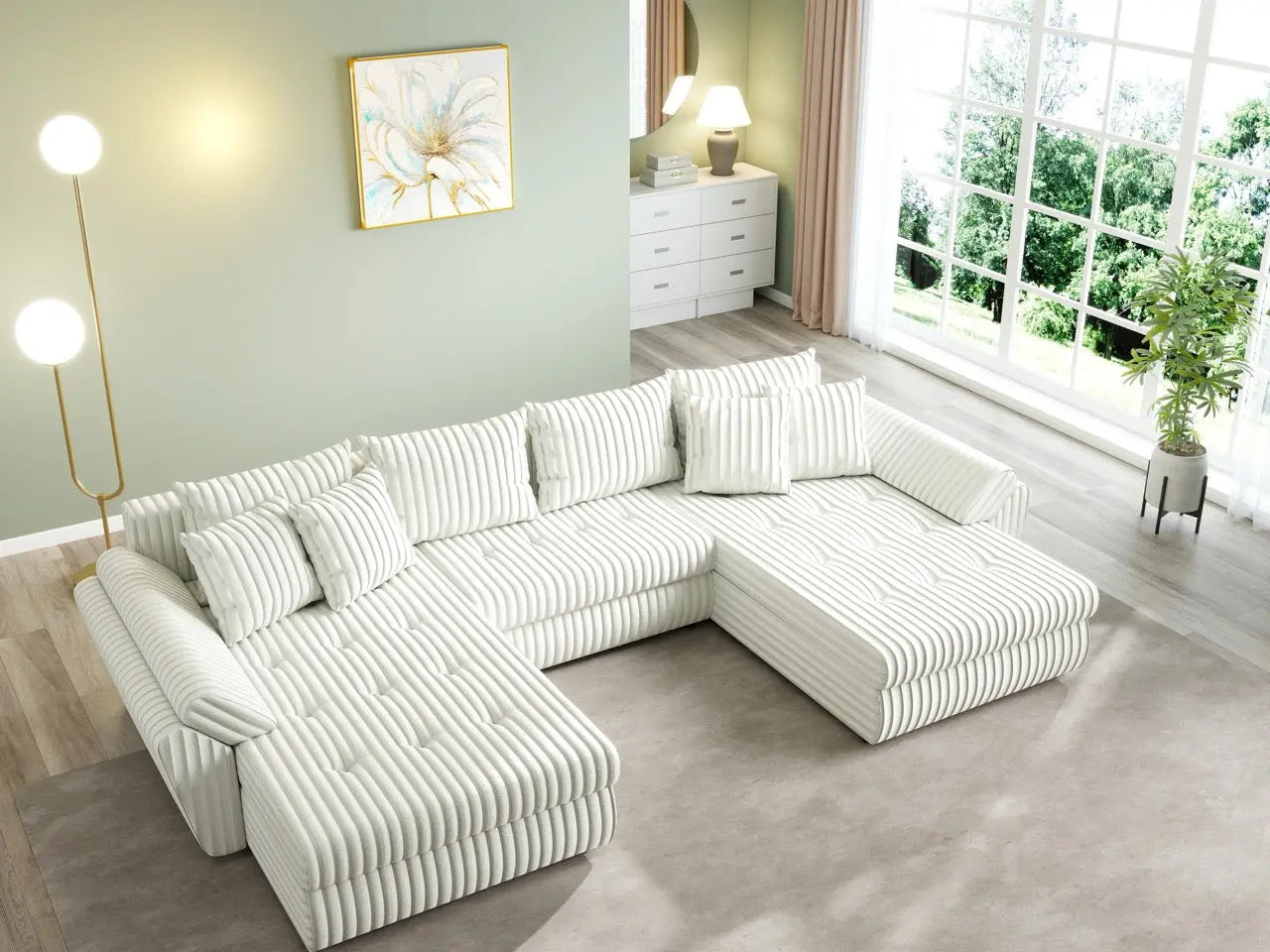 Colțar extensibil dumonde cu ladă de depozitare si sezut confortabil din spuma HR, Loana U Ambience Ivory 355x185 cm Fabrica