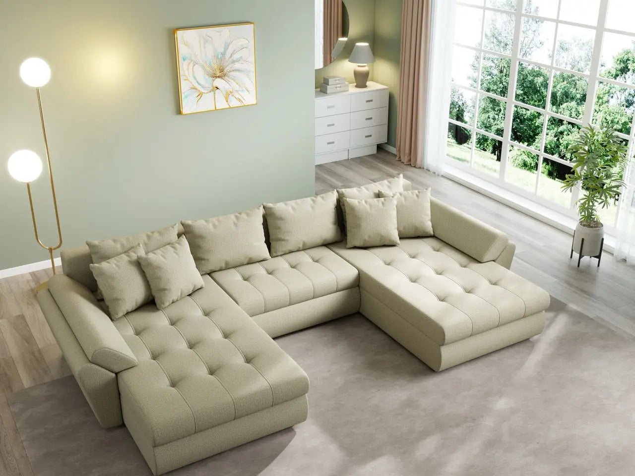 Colțar extensibil dumonde cu ladă de depozitare si sezut confortabil din spuma HR, Loana U Enjoy Camel 355x185 cm Fabrica