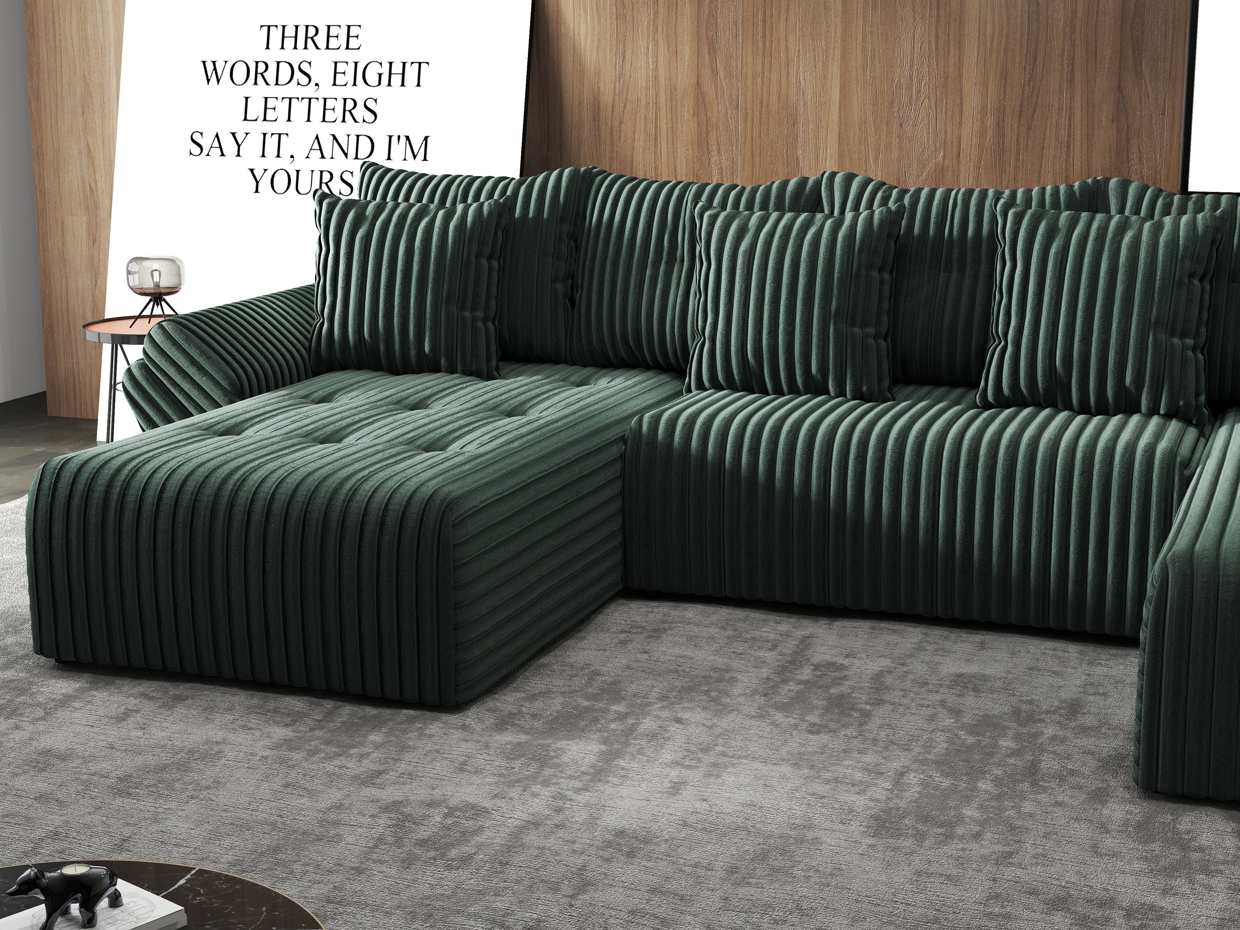 Colțar extensibil dumonde cu ladă de depozitare si sezut confortabil din spuma HR, Berlin U Verde Ambience 380x180 cm Fabrica