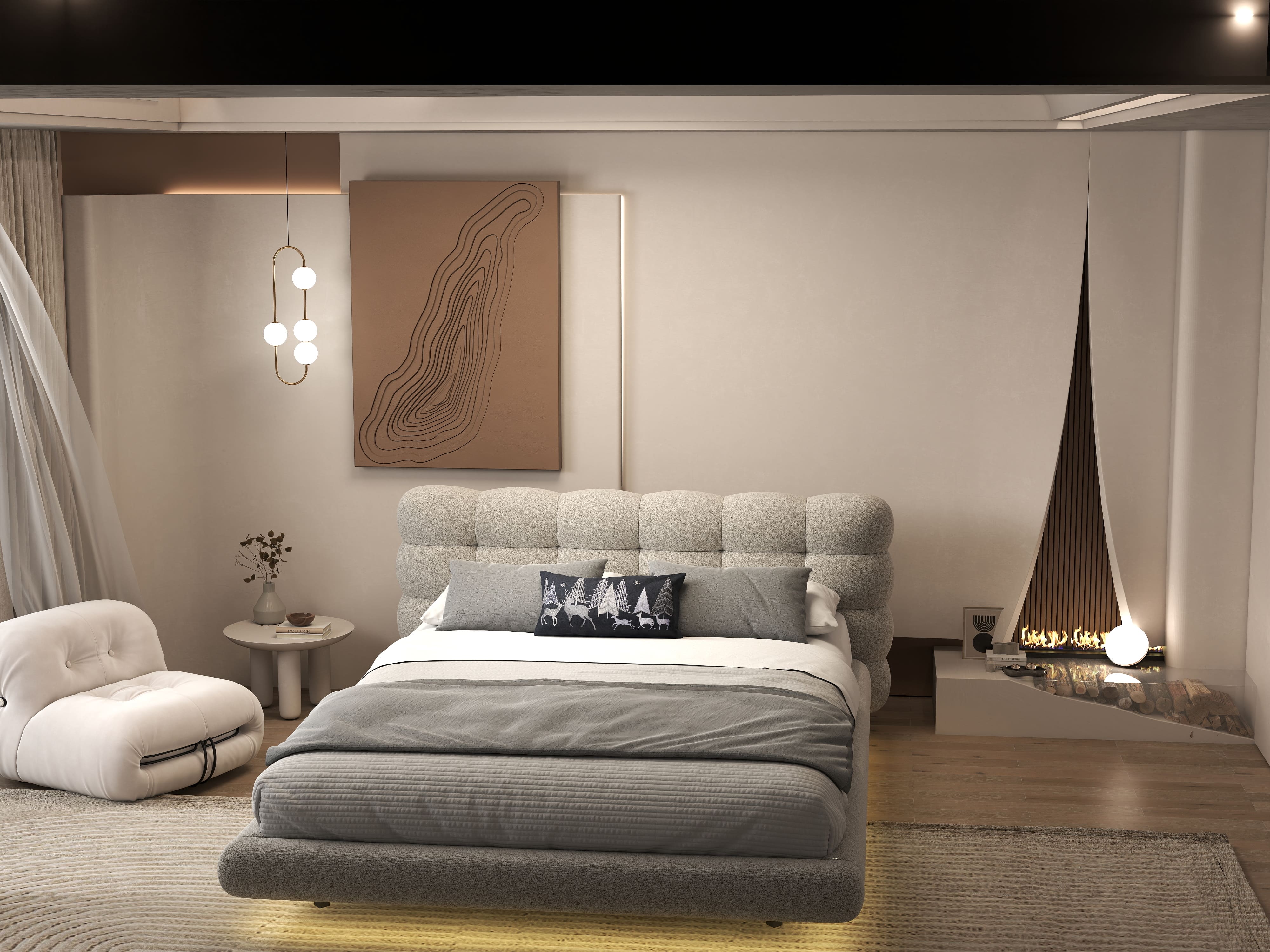 Pat dormitor dumonde, tapitat bej cu LED, "floating bed" Cloud 160x200 cm, somiera inclusa
