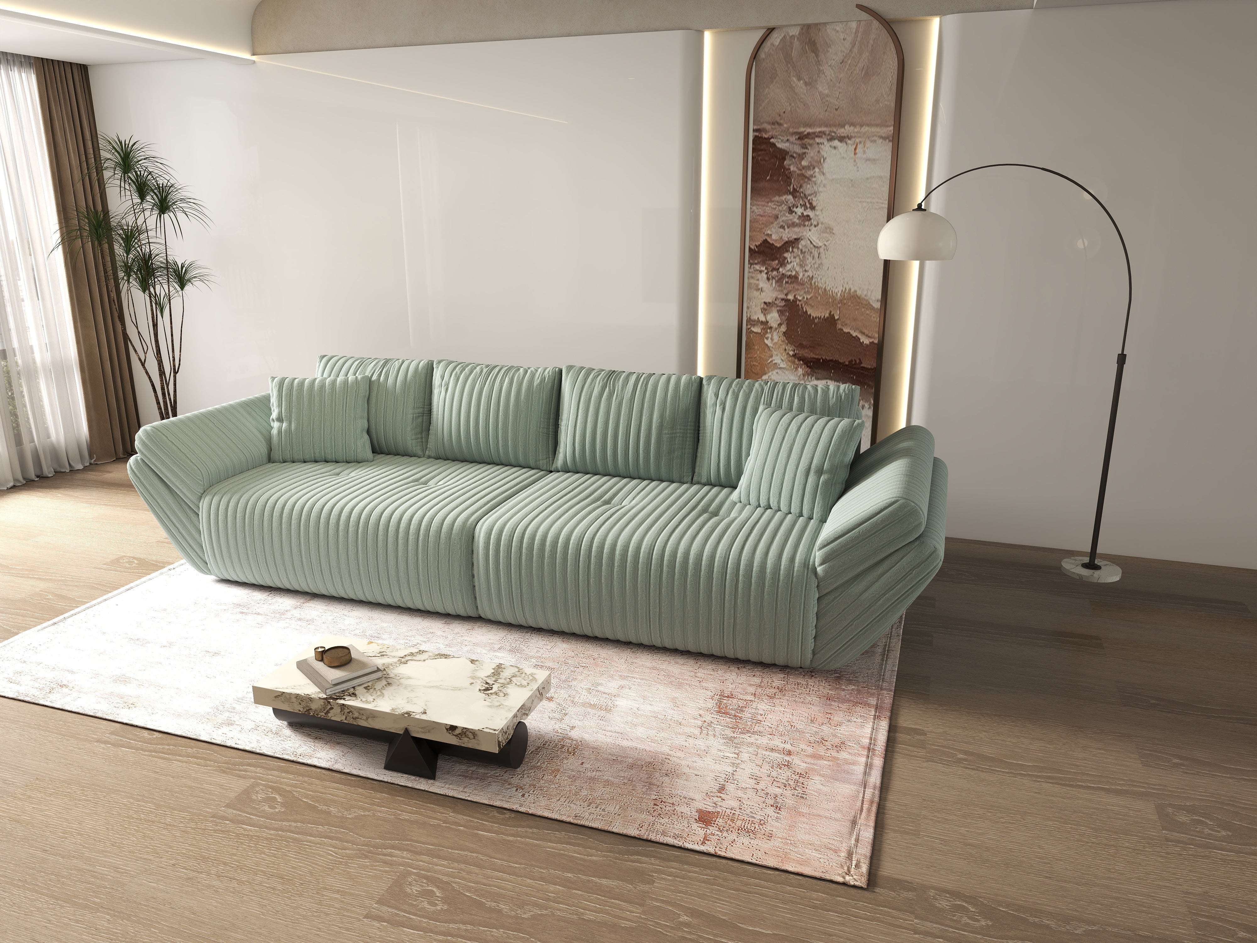 Canapea extensibilă dumonde cu ladă de depozitare si sezut confortabil din spuma HR, Berlin Ambience Mint 300x100 cm Fabrica