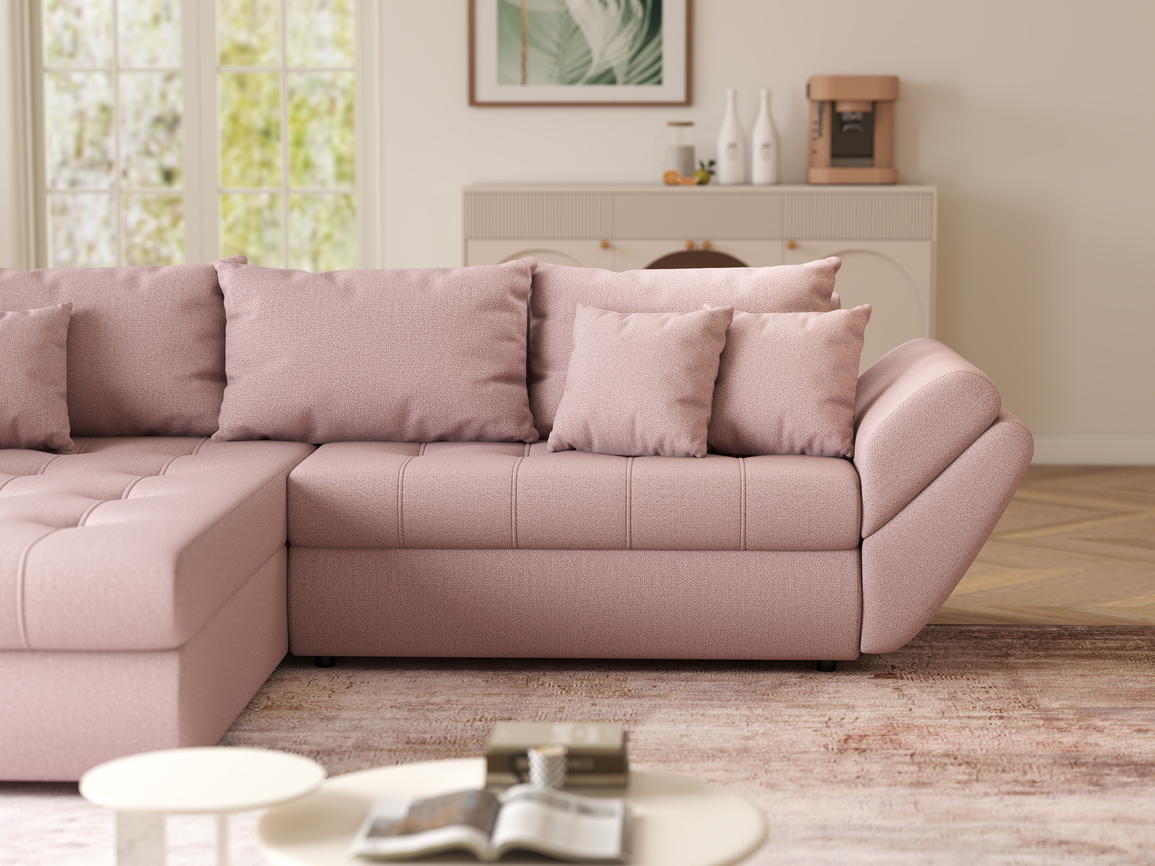 Colțar extensibil dumonde cu ladă de depozitare si sezut confortabil din spuma HR, Loana Roz 270x185 cm Fabrica