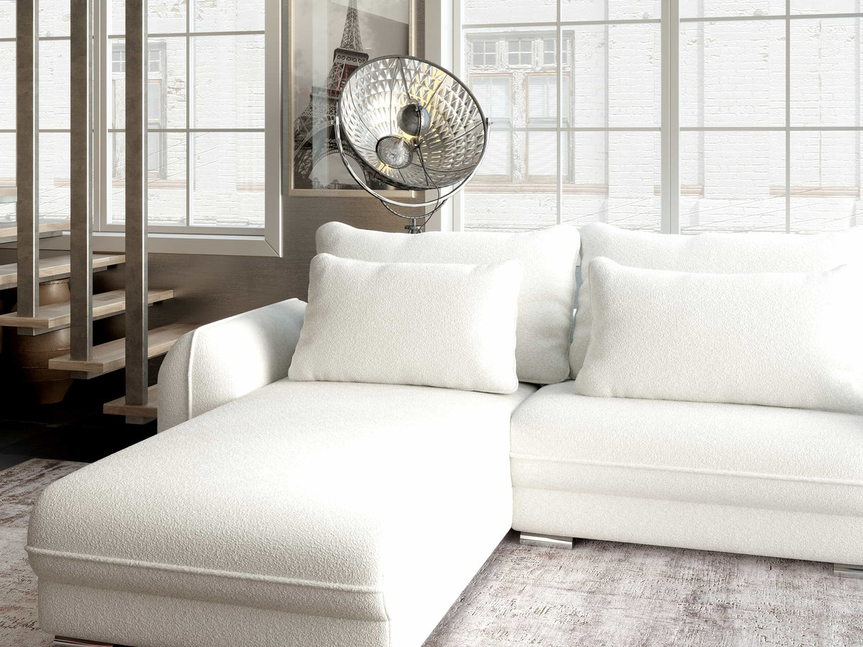 Colțar extensibil dumonde cu ladă de depozitare si sezut confortabil din spuma HR, Denver Euphoria Alb 275x185 cm Fabrica