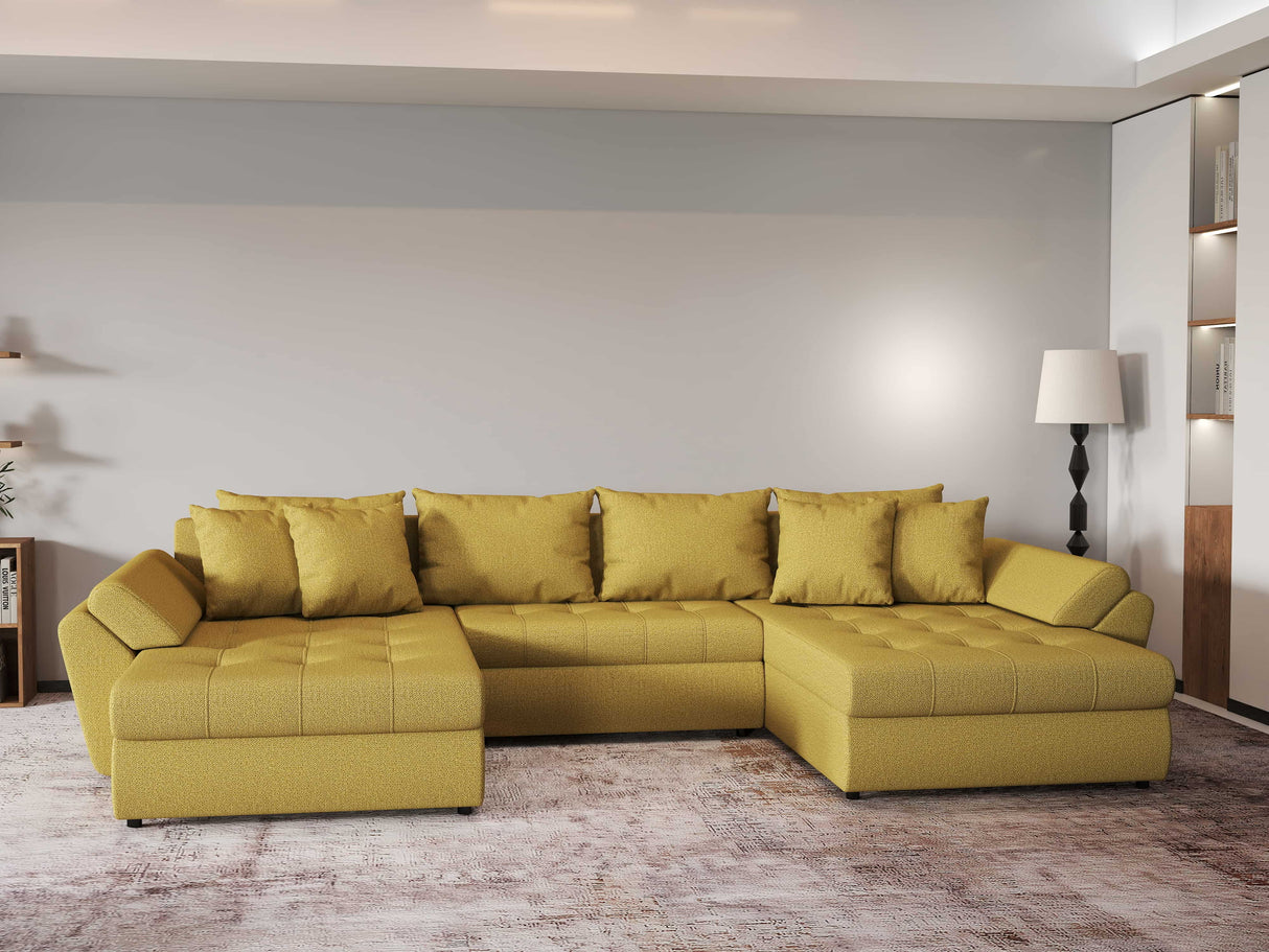 Colțar extensibil dumonde cu ladă de depozitare si sezut confortabil din spuma HR, Loana U Melon 355x185 cm Fabrica
