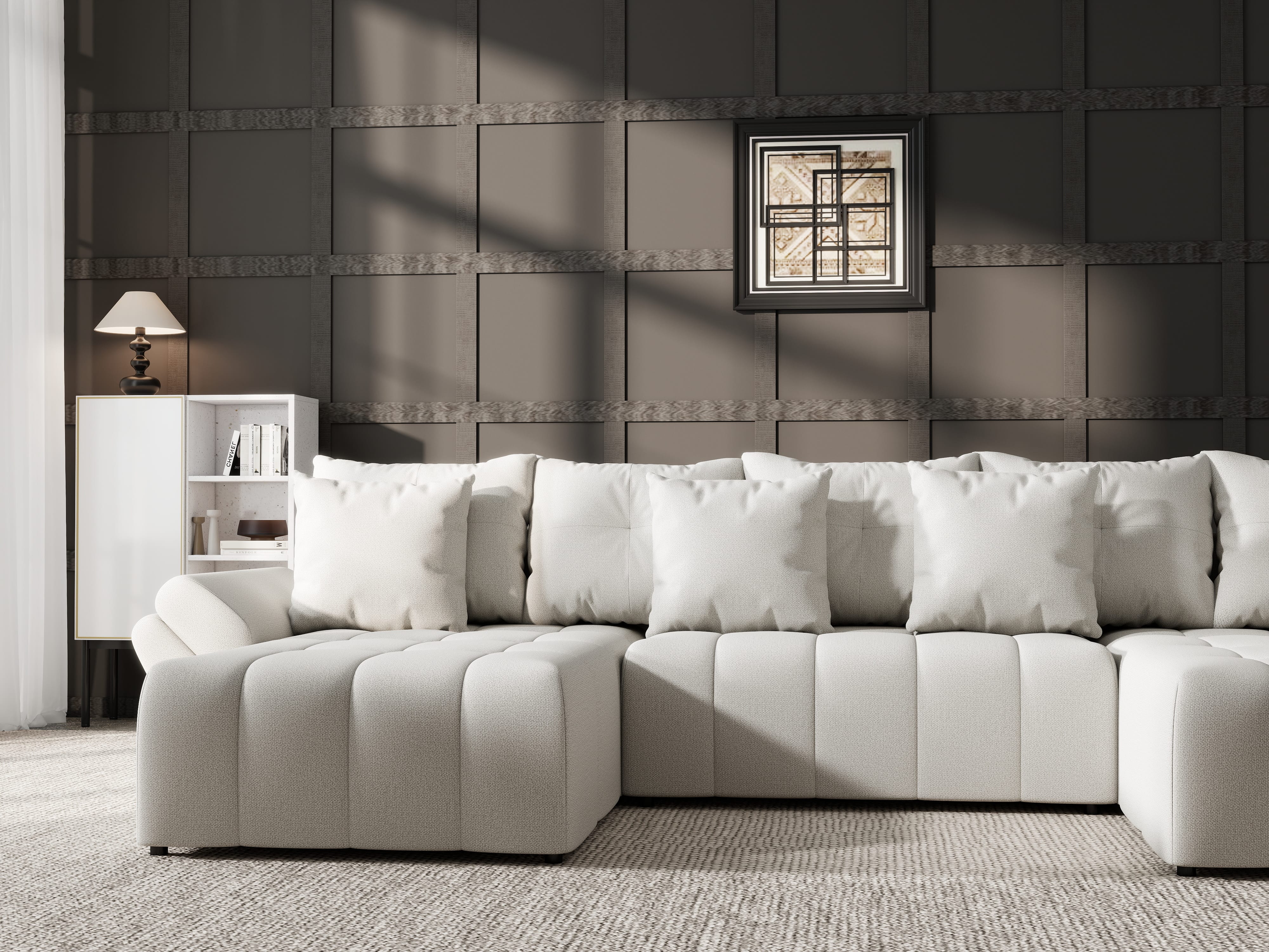 Colțar extensibil dumonde cu ladă de depozitare si sezut confortabil din spuma HR, Berlin U Enjoy Bej 380x180 cm Fabrica