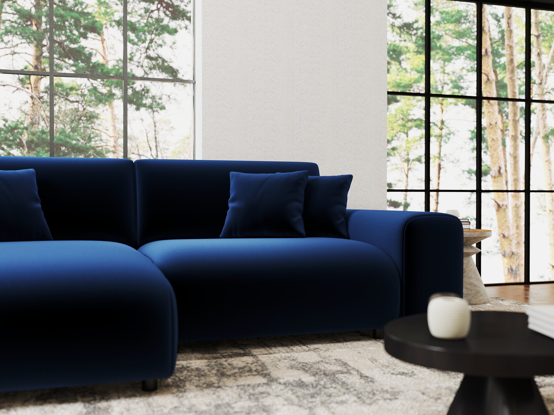 Colțar extensibil dumonde cu ladă de depozitare si sezut confortabil din spuma HR, Sarina Royal Albastru Navy 255x168 cm