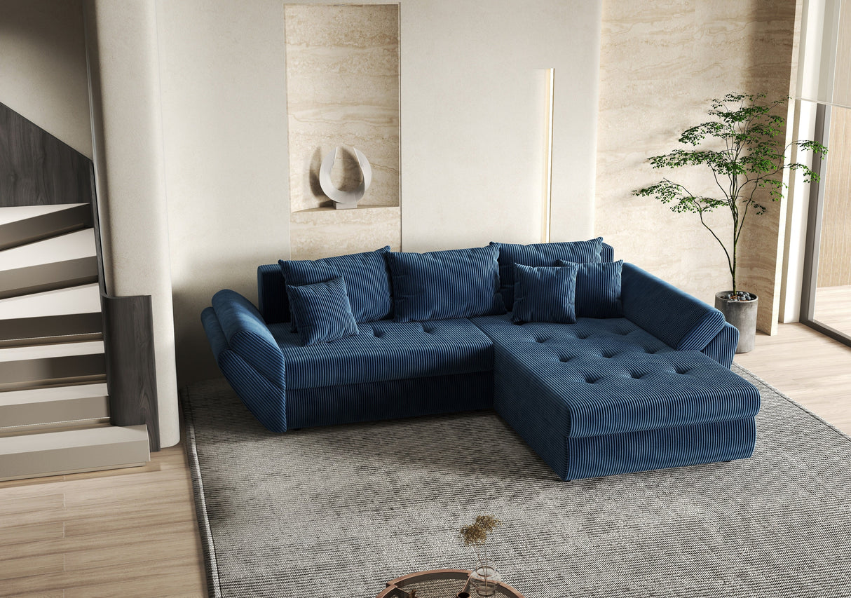 Colțar extensibil dumonde cu ladă de depozitare si sezut confortabil din spuma HR, Loana Bleumarin Zoom II 270x185 cm Fabrica