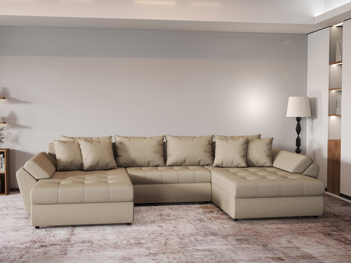 Colțar extensibil dumonde cu ladă de depozitare si sezut confortabil din spuma HR, Loana Bej U 355x185 cm Fabrica