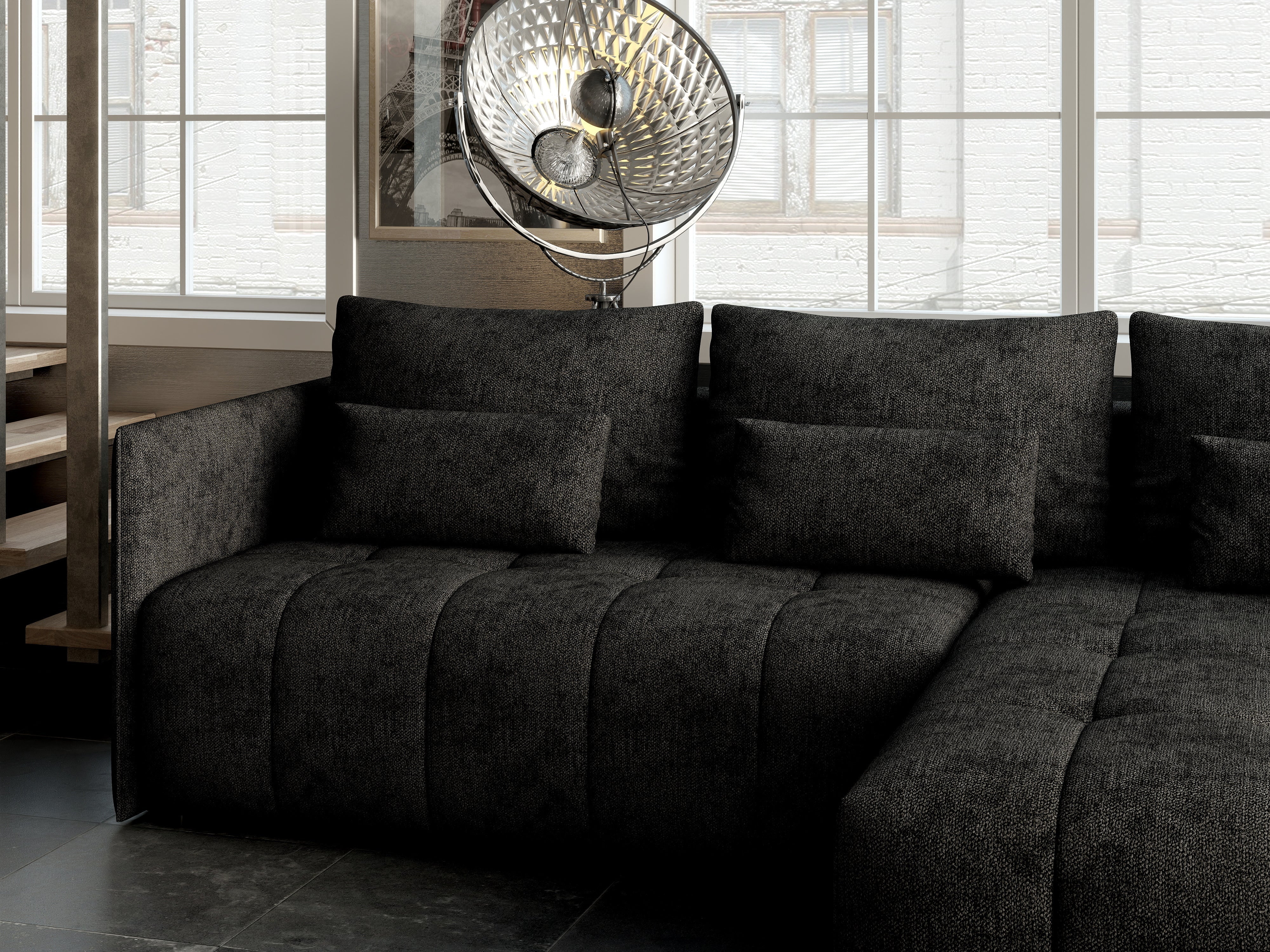 Colțar extensibil dumonde cu ladă de depozitare si sezut confortabil din spuma HR, Malta Black II 235x185 cm Fabrica