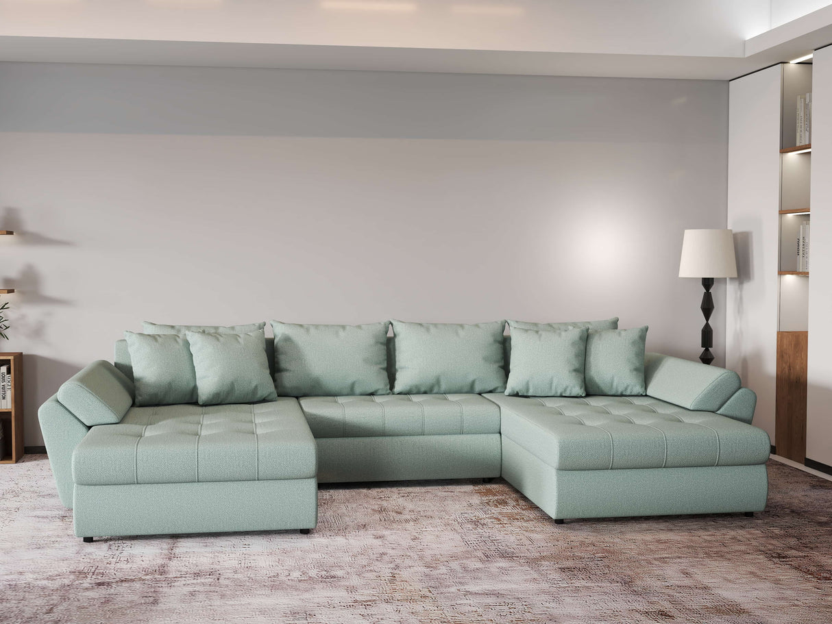 Colțar extensibil dumonde cu ladă de depozitare si sezut confortabil din spuma HR, Loana Enjoy Verde Mint U 355x185 cm Fabrica