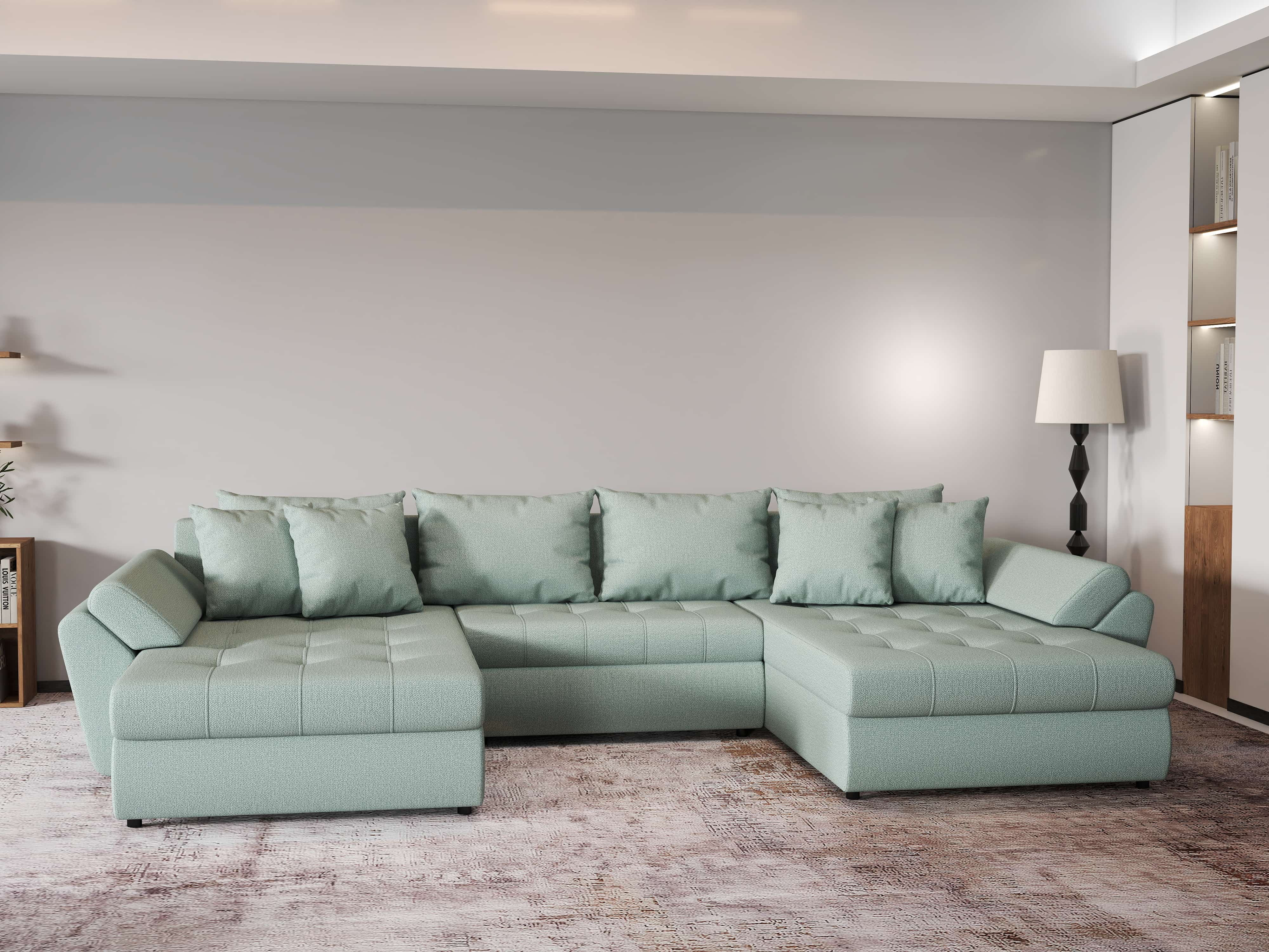 Colțar extensibil dumonde cu ladă de depozitare si sezut confortabil din spuma HR, Loana Enjoy Verde Mint U 355x185 cm Fabrica