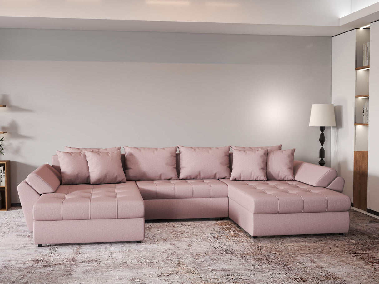 Colțar extensibil dumonde cu ladă de depozitare si sezut confortabil din spuma HR, Loana Enjoy Roz U 355x185 cm Fabrica