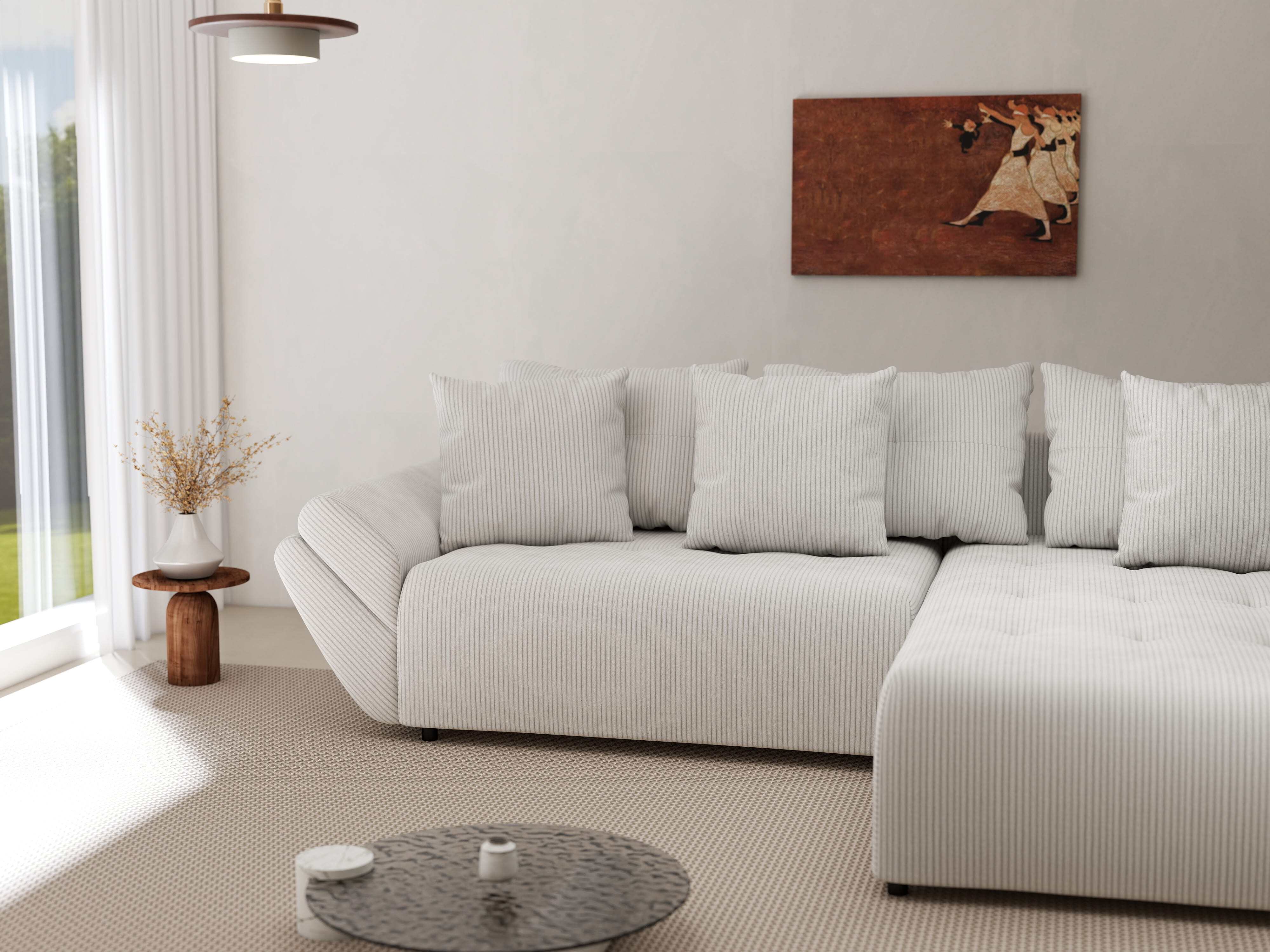 Colțar extensibil dumonde cu ladă de depozitare si sezut confortabil din spuma HR, Berlin Zoom Pearl 280x185 cm II Fabrica