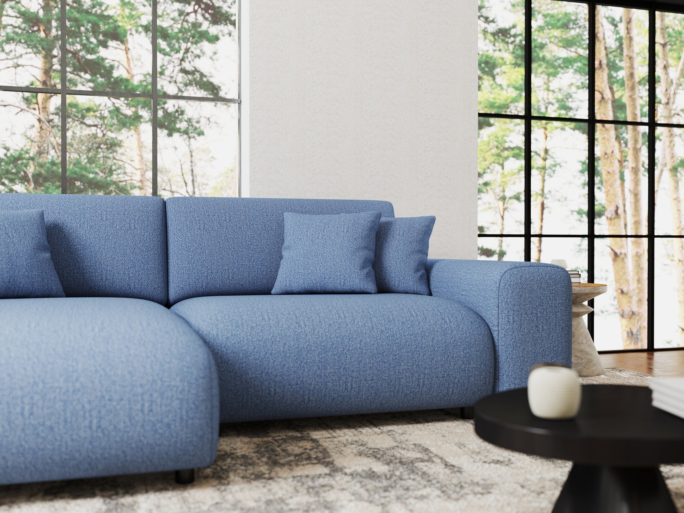 Colțar extensibil dumonde cu ladă de depozitare si sezut confortabil din spuma HR, Sarina Enjoy Albastru 255x168 cm