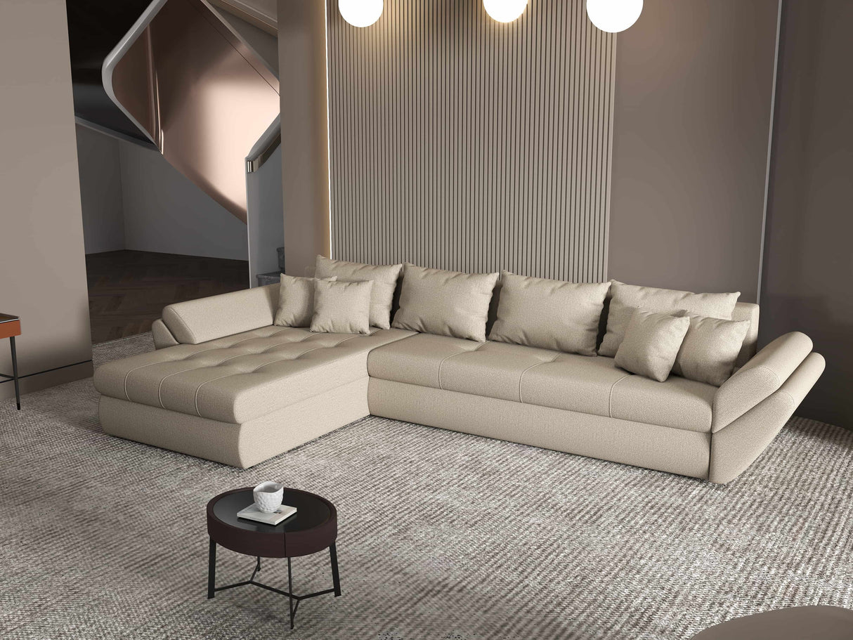 Colțar extensibil dumonde cu ladă de depozitare si sezut confortabil din spuma HR, Loana XL Enjoy Bej 335x185 cm Fabrica