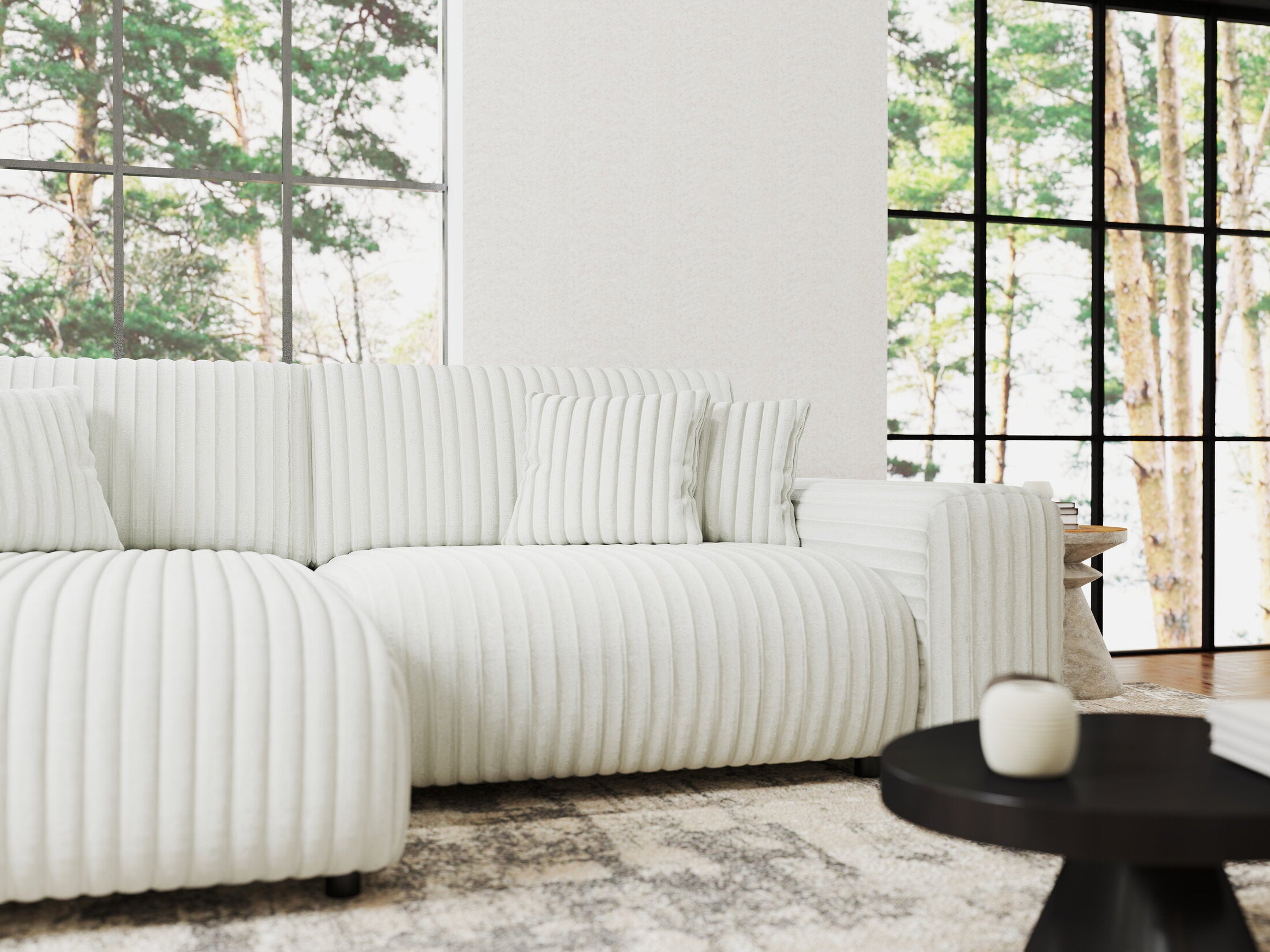 Colțar extensibil dumonde cu ladă de depozitare si sezut confortabil din spuma HR, Sarina Ambience Alb 255x168 cm