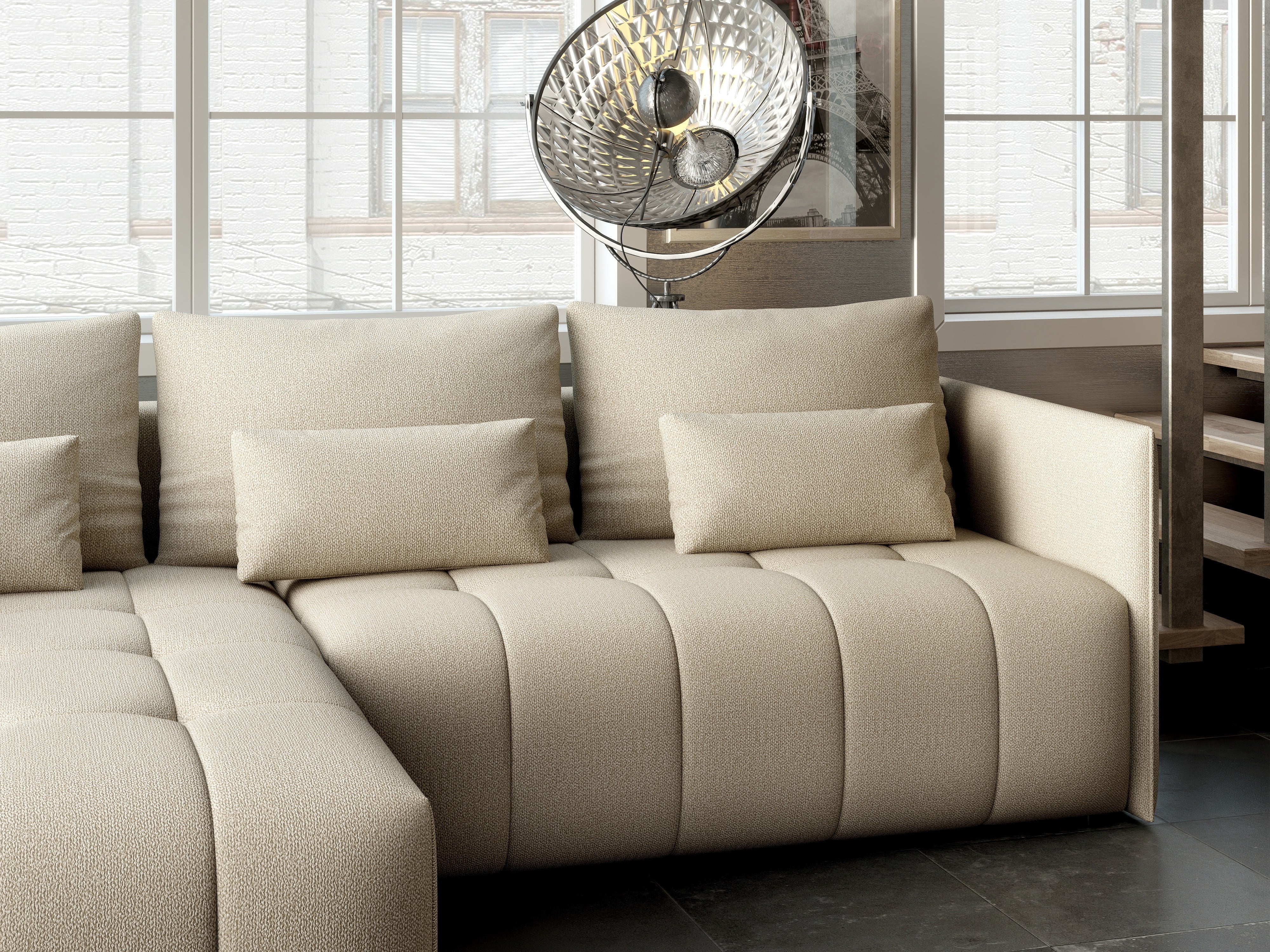 Colțar extensibil dumonde cu ladă de depozitare si sezut confortabil din spuma HR, Malta Bej 235x185 cm Fabrica