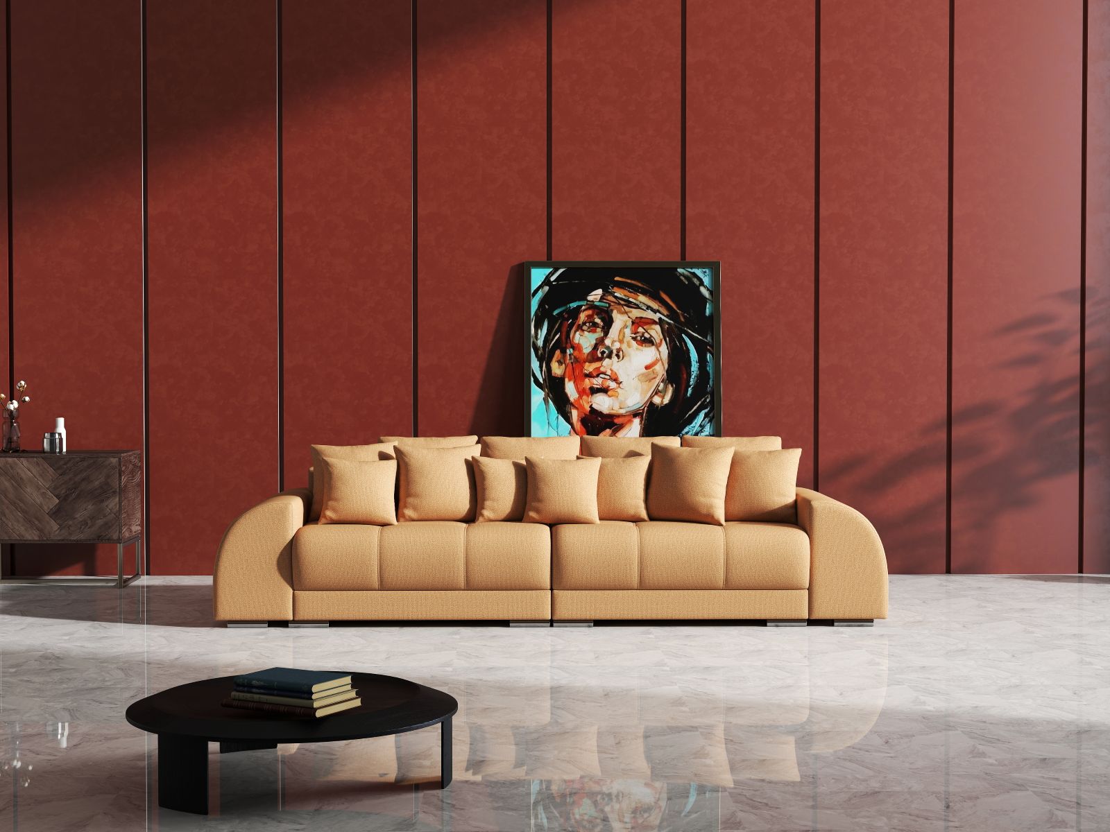 Canapea extensibilă dumonde cu 2 lăzi de depozitare si sezut confortabil din spuma HR, Big Sofa Verona Enjoy Lux Mango 310x100 cm Fabrica