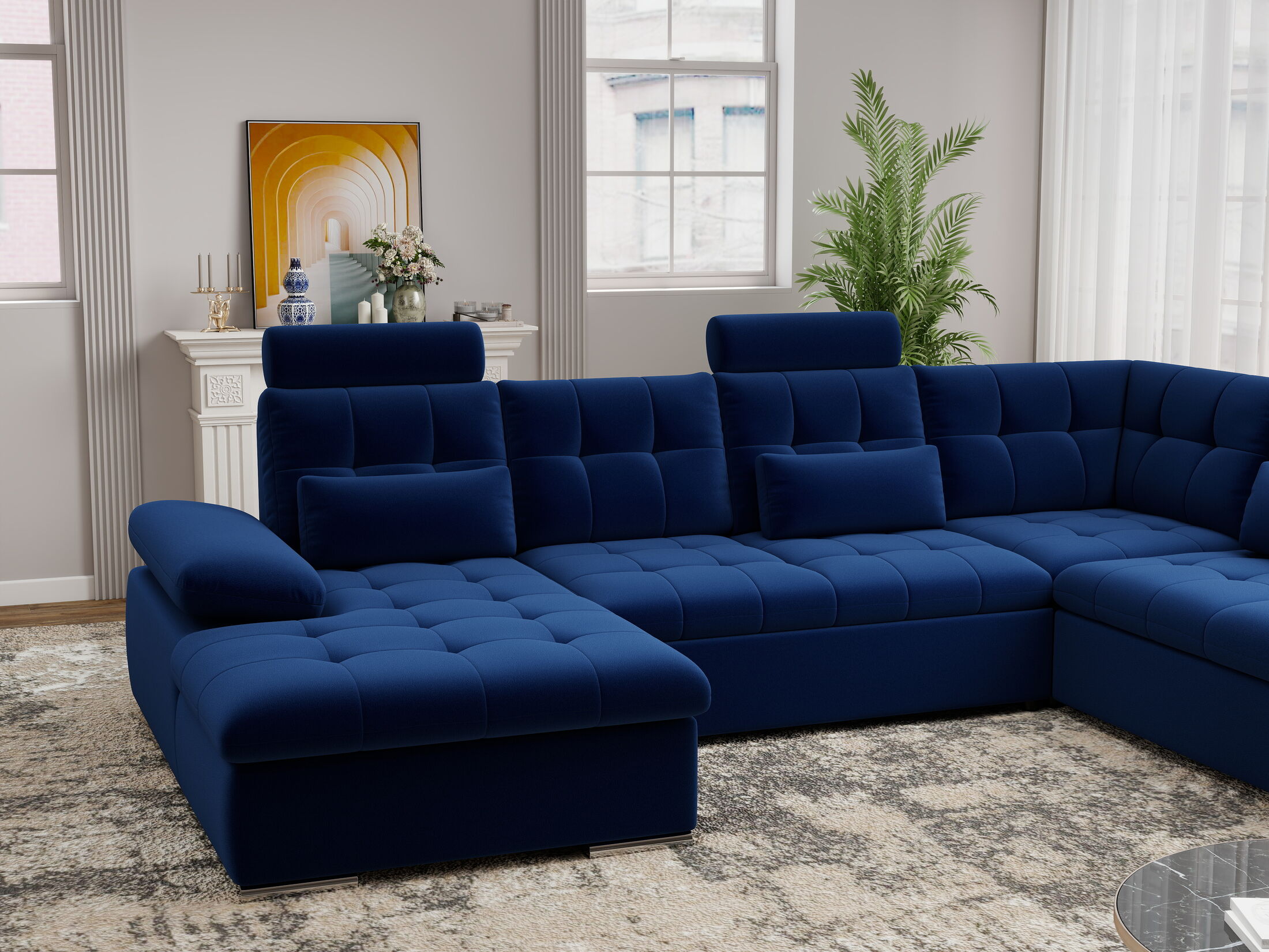 Colțar extensibil dumonde cu ladă de depozitare și șezut confortabil din spumă HR, Merkur U Royal Albastru Navy 324x218 cm