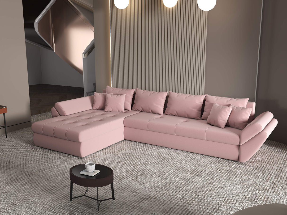 Colțar extensibil dumonde cu ladă de depozitare si sezut confortabil din spuma HR, Loana XL Royal Roz 335x185 cm Fabrica