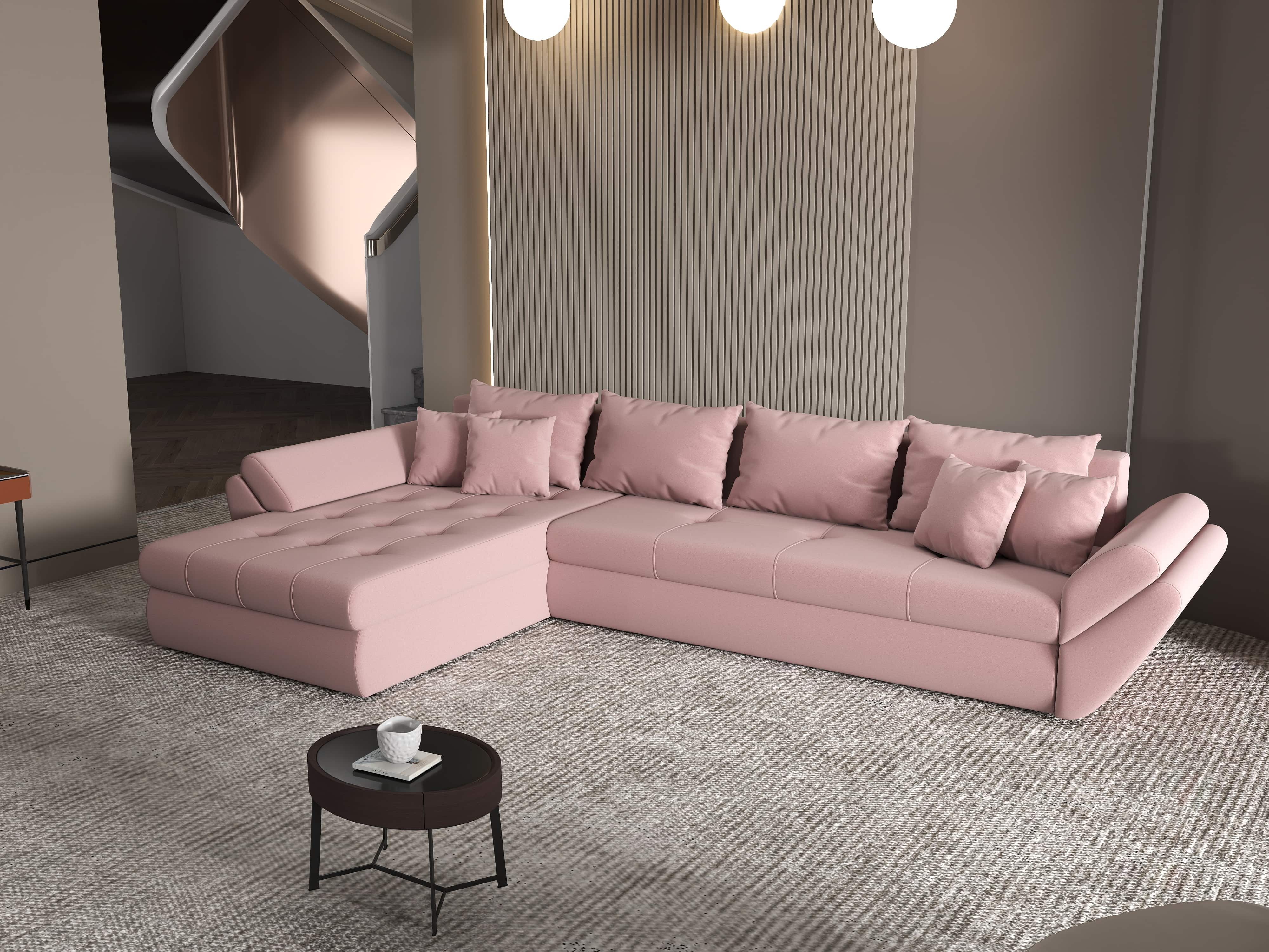 Colțar extensibil dumonde cu ladă de depozitare si sezut confortabil din spuma HR, Loana XL Royal Roz 335x185 cm Fabrica
