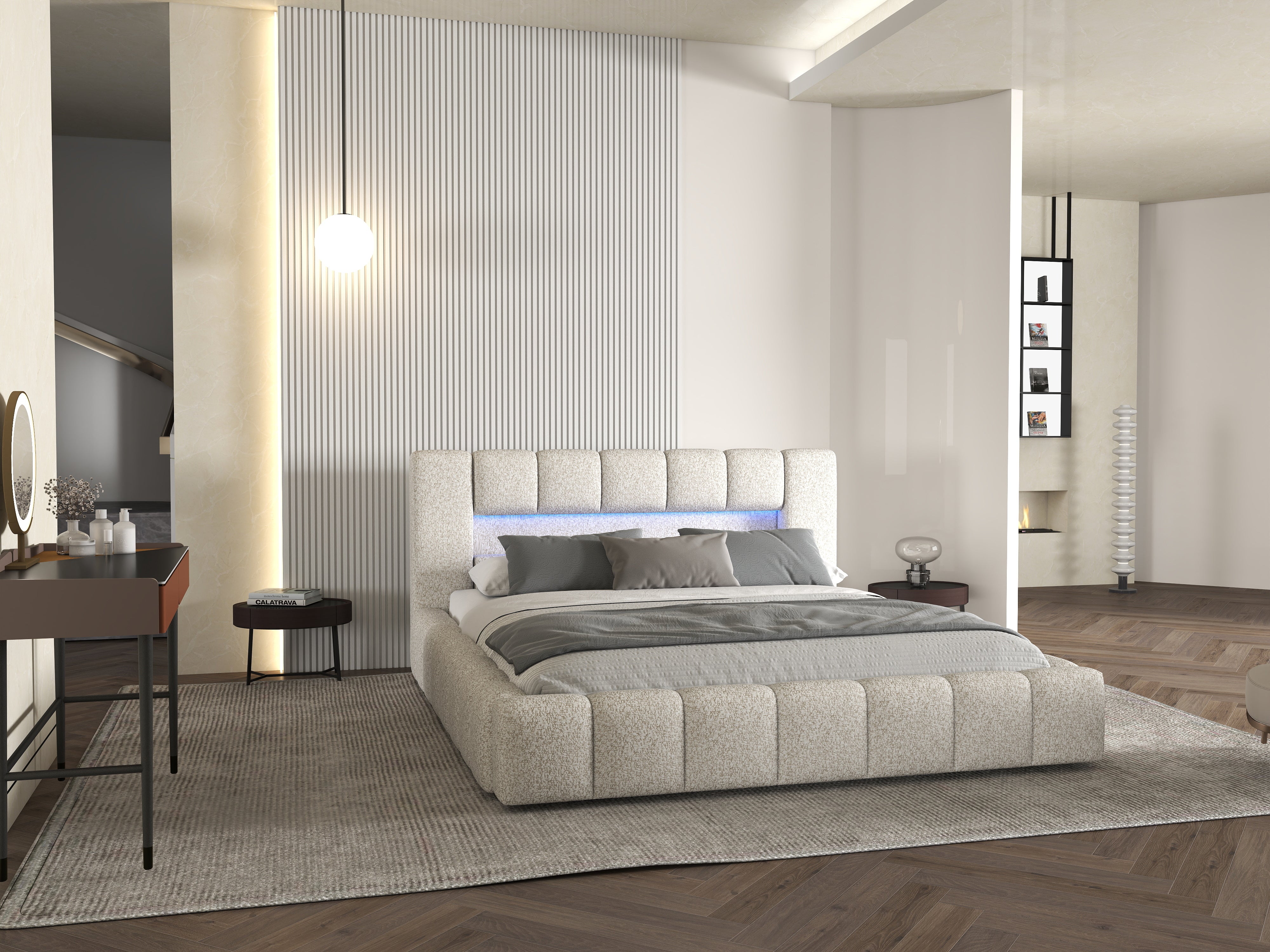 Pat dormitor dumonde, tapitat gri cu LED si USB, Palermo 160x200 cm, somiera rabatabila inclusa, spatiu depozitare