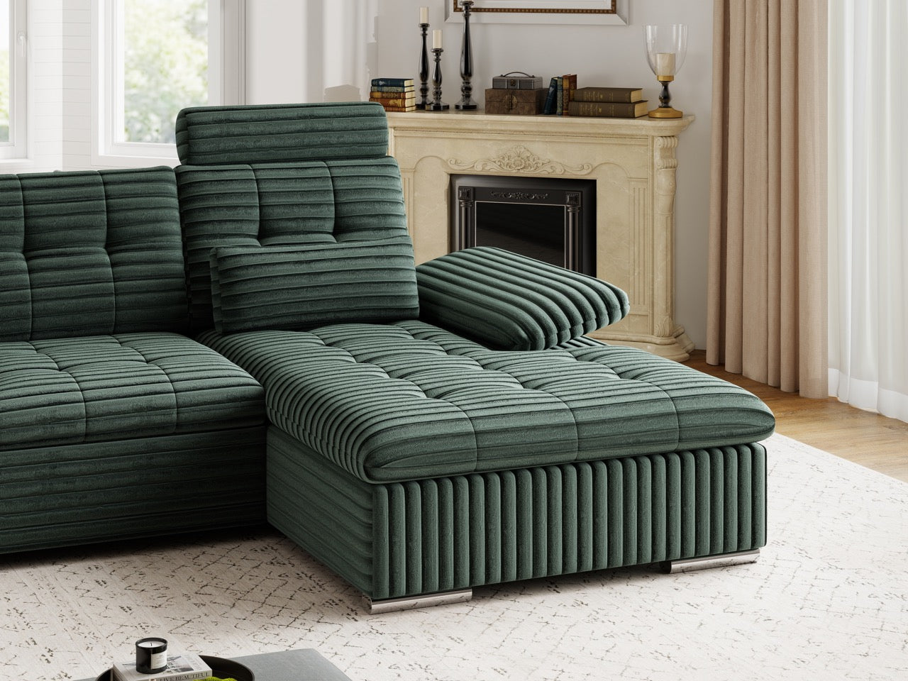 Colțar extensibil dumonde cu ladă de depozitare și șezut confortabil din spumă HR, Merkur Ambience Verde 270x168 cm II