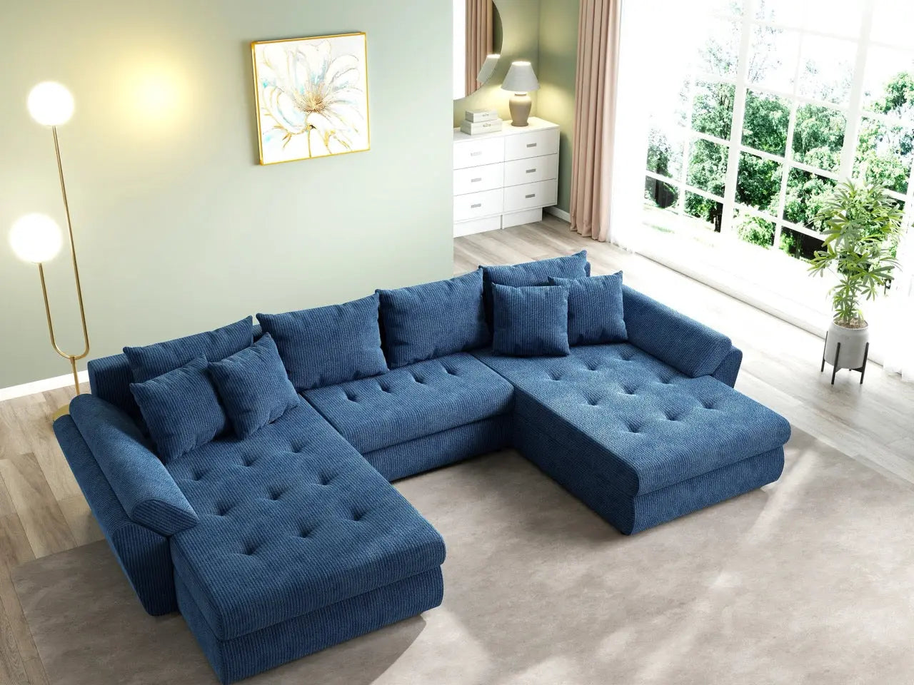 Colțar extensibil dumonde cu ladă de depozitare si sezut confortabil din spuma HR, Loana U Zoom Blue 355x185 cm Fabrica