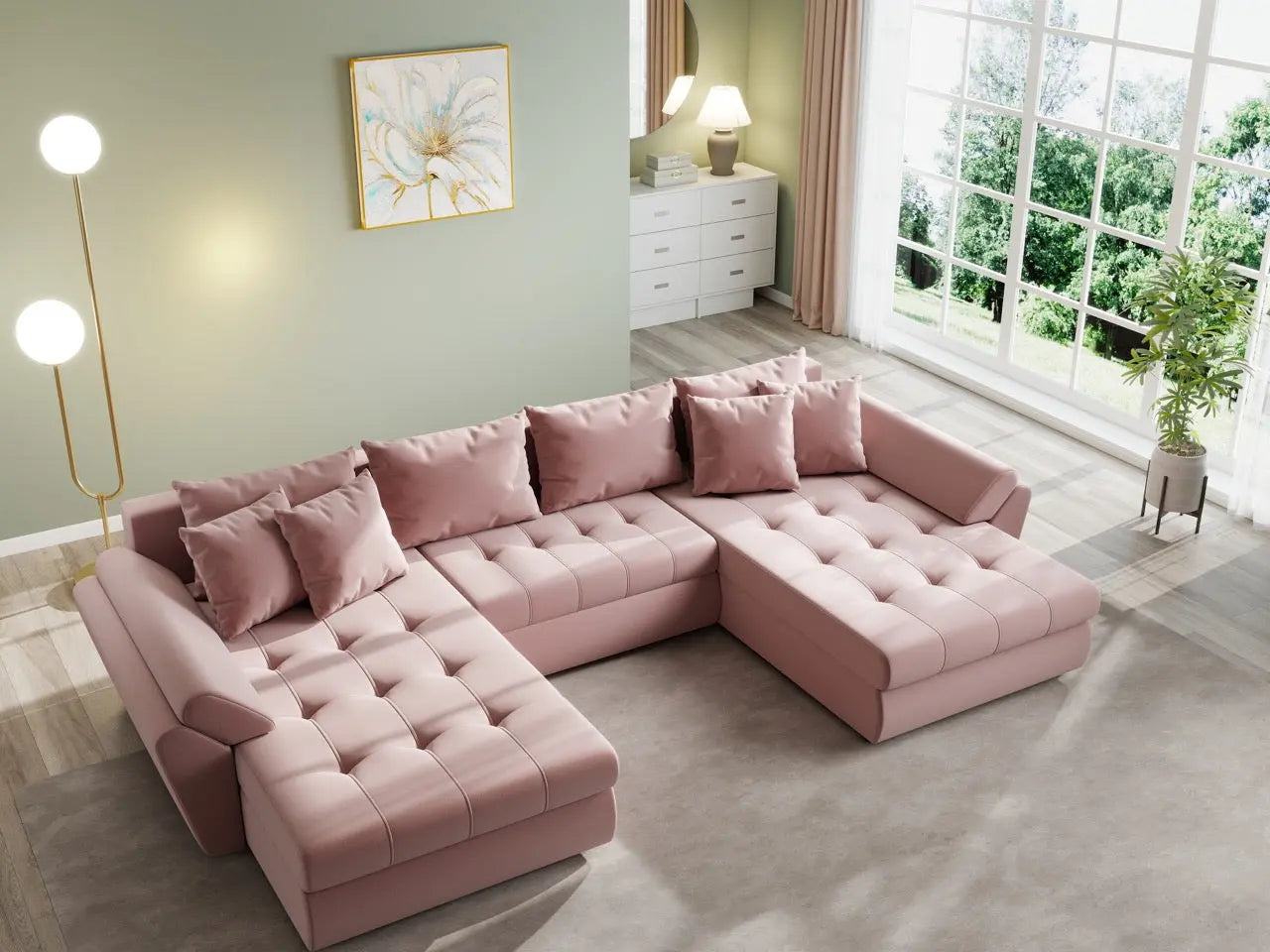 Colțar extensibil dumonde cu ladă de depozitare si sezut confortabil din spuma HR, Loana U Royal Pink 355x185 cm Fabrica
