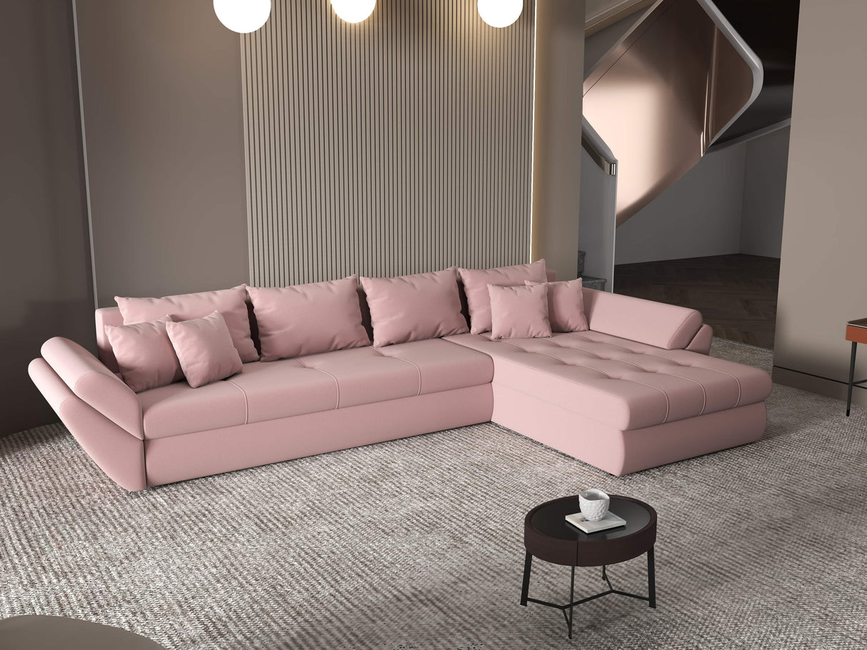 Colțar extensibil dumonde cu ladă de depozitare si sezut confortabil din spuma HR, Loana XL Royal Roz II 335x185 cm Fabrica