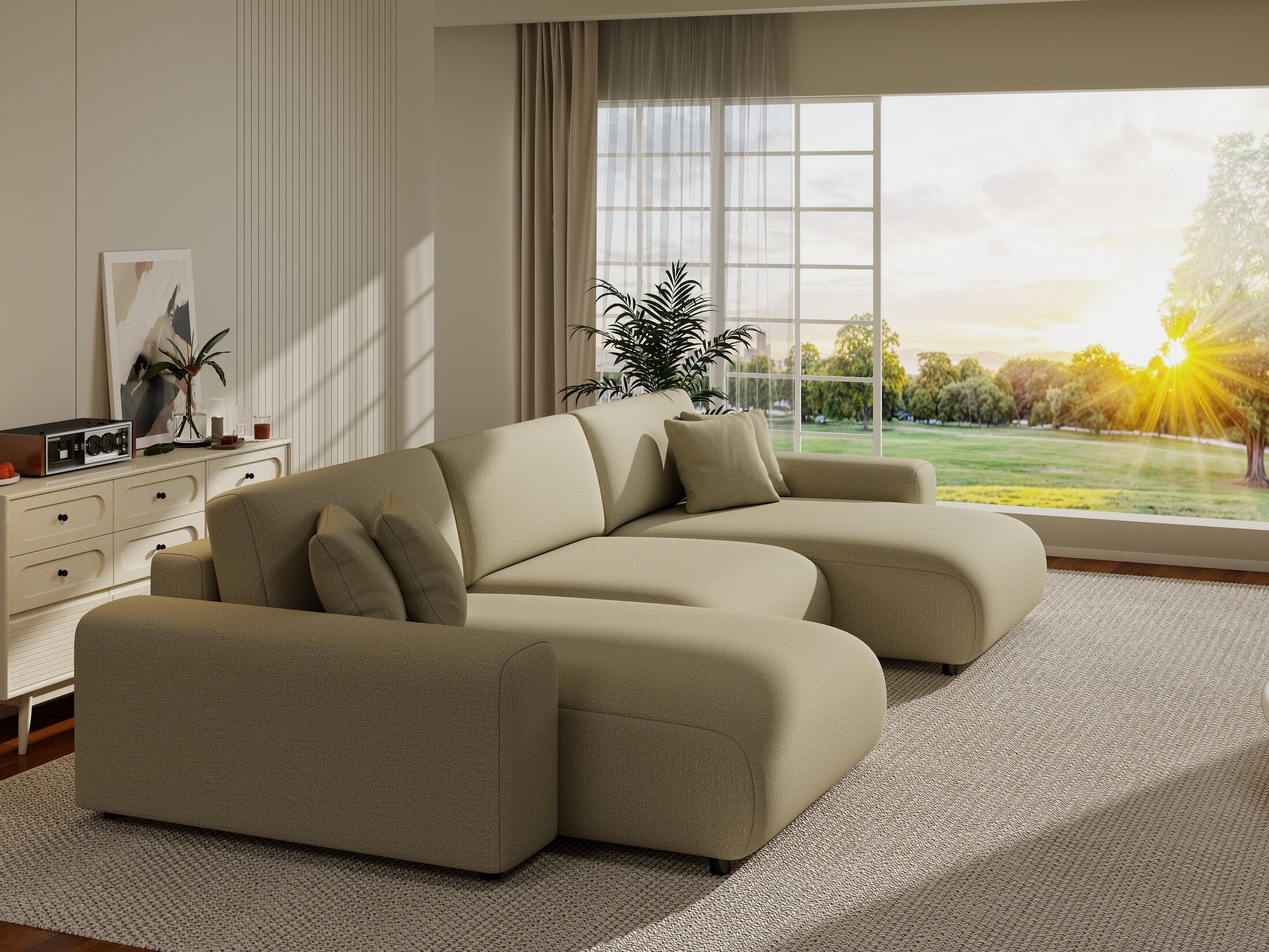 Colțar extensibil dumonde cu ladă de depozitare si sezut confortabil din spuma HR, Sarina U Enjoy Bej 350x168 cm