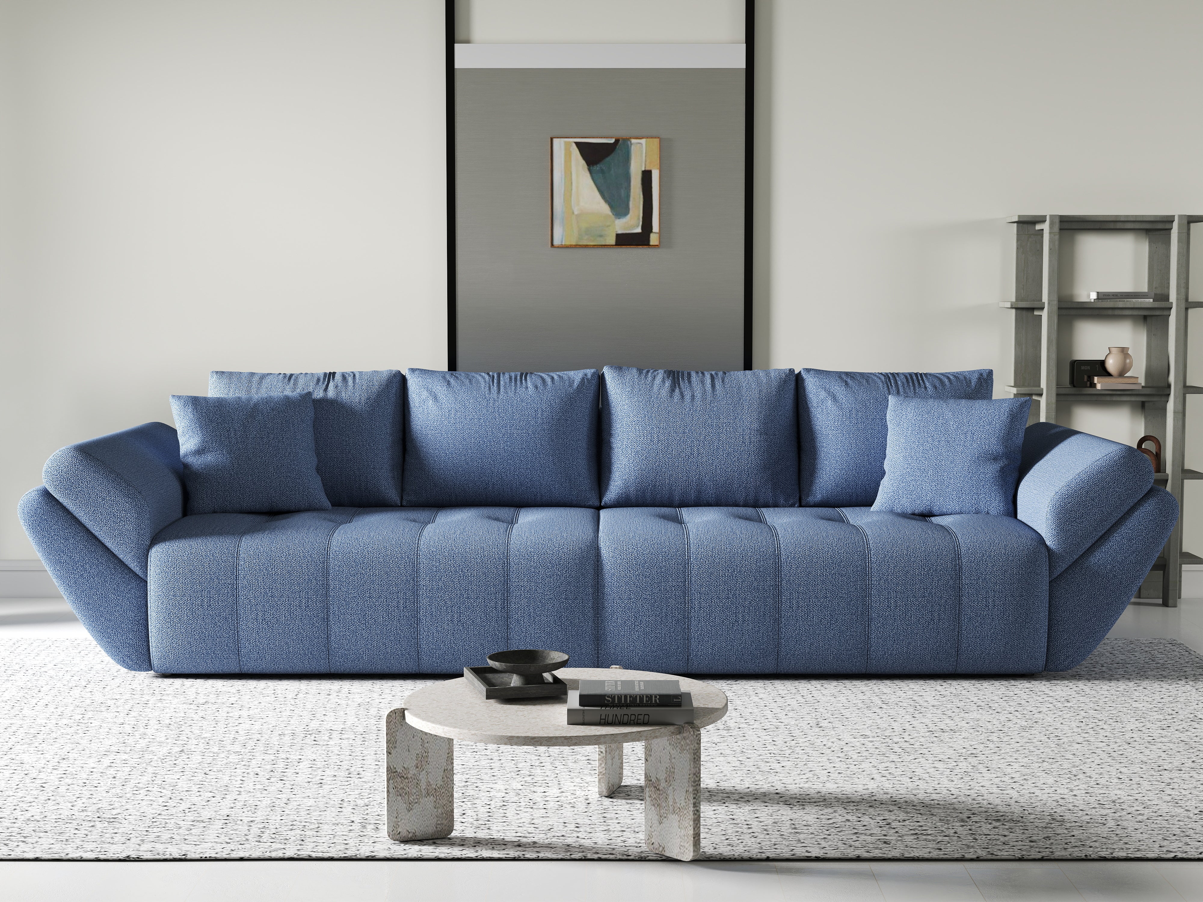 Canapea extensibilă dumonde cu ladă de depozitare si sezut confortabil din spuma HR, Berlin Blue 300x100 cm Fabrica