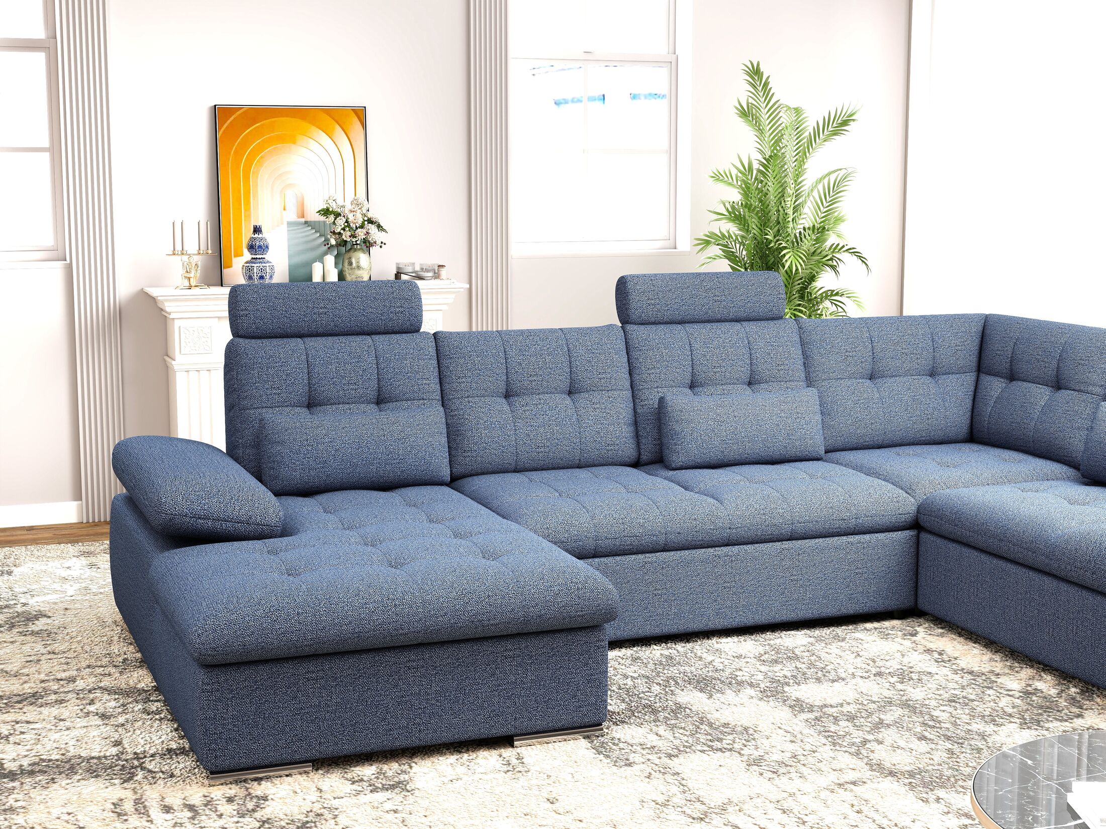 Colțar extensibil dumonde cu ladă de depozitare și șezut confortabil din spumă HR, Merkur U Enjoy Albastru 324x218 cm