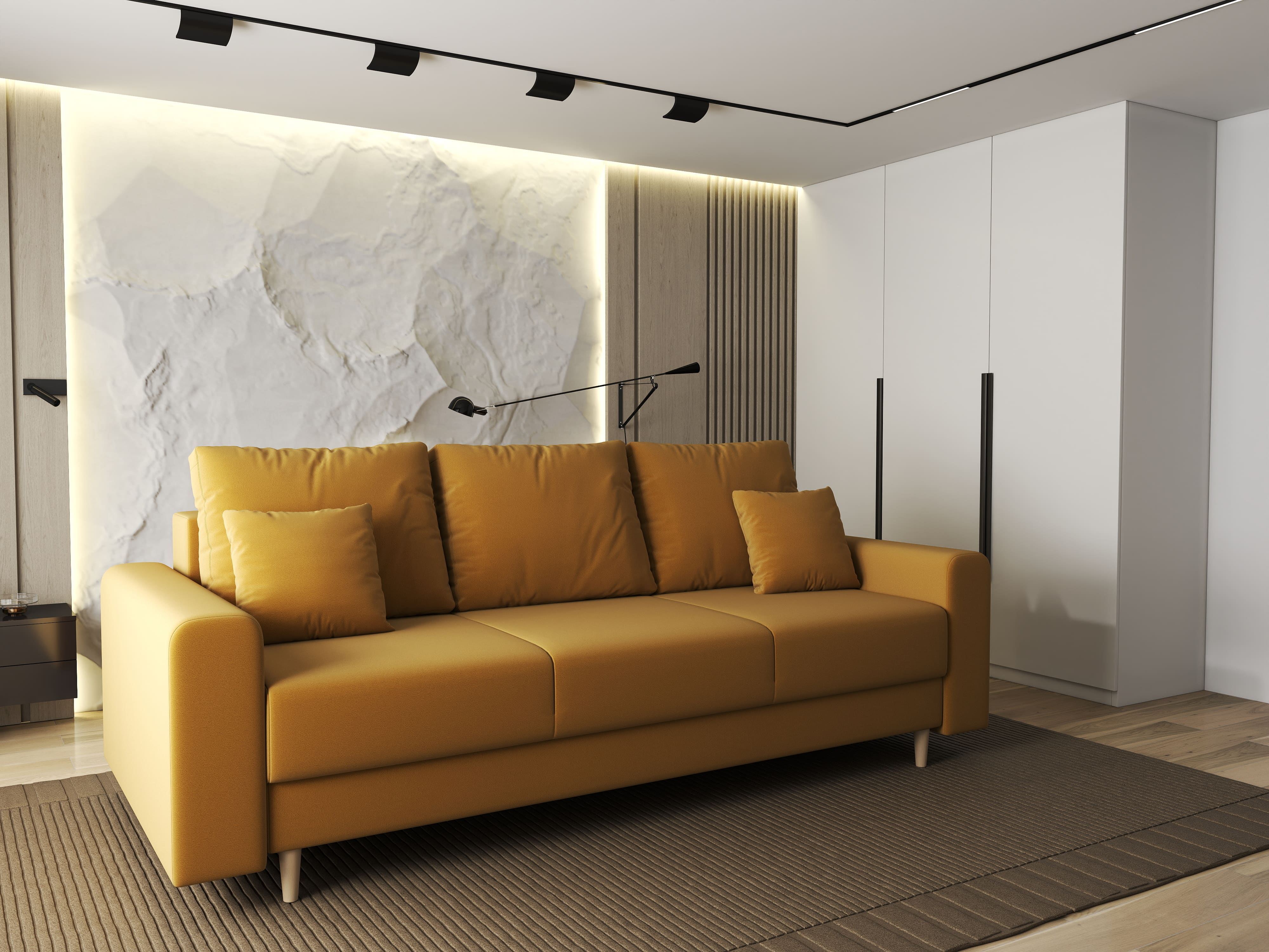 Canapea extensibilă dumonde cu ladă de depozitare si sezut confortabil din spuma HR, Kronos Royal Mustar 210x100 cm fabrica