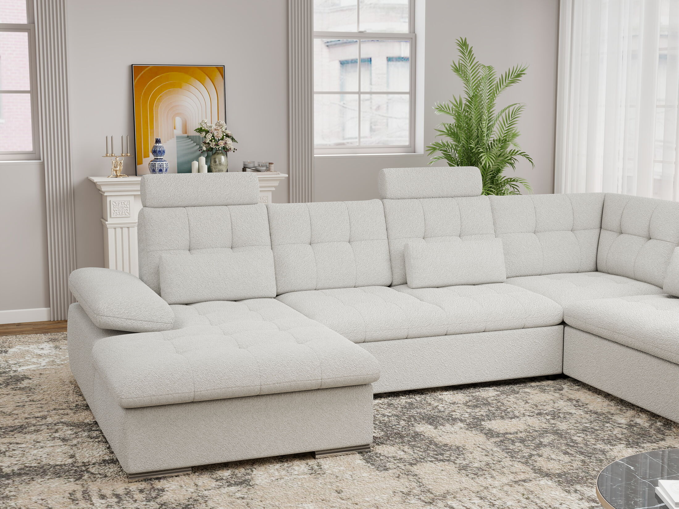 Colțar extensibil dumonde cu ladă de depozitare și șezut confortabil din spumă HR, Merkur U Euphoria Alb 324x218 cm