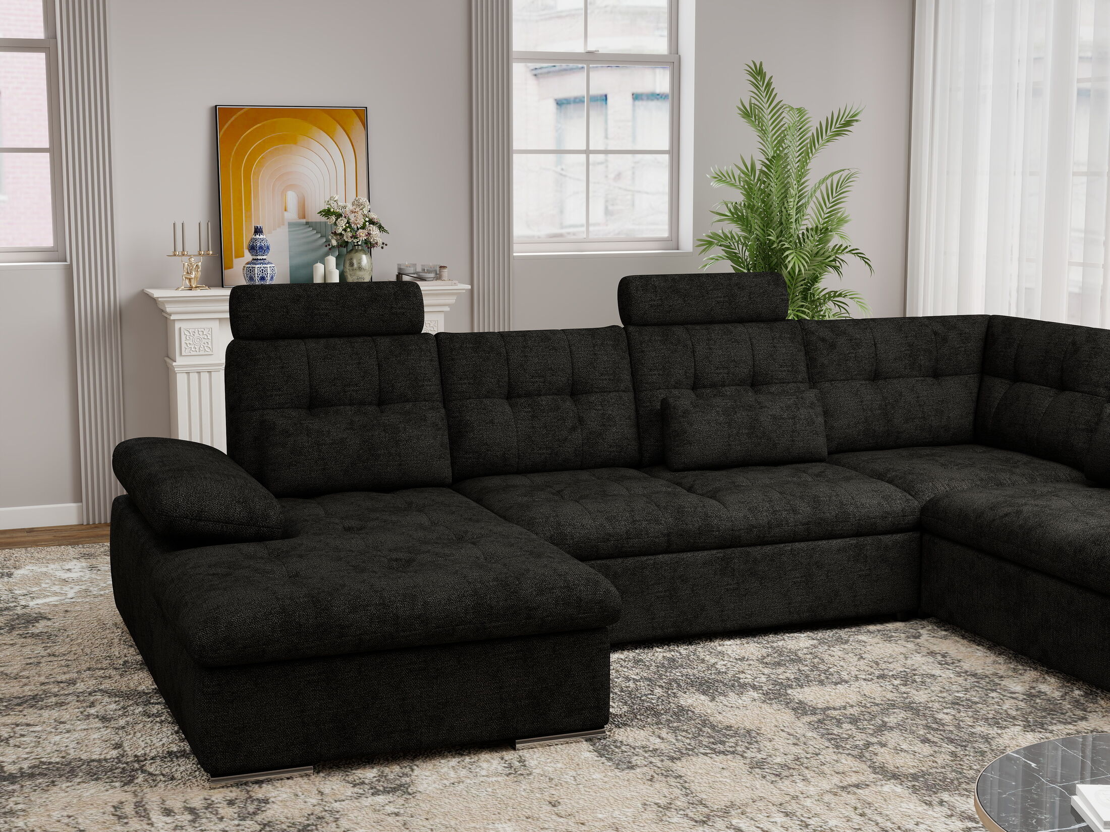 Colțar extensibil dumonde cu ladă de depozitare și șezut confortabil din spumă HR, Merkur U Enjoy Negru 324x218 cm