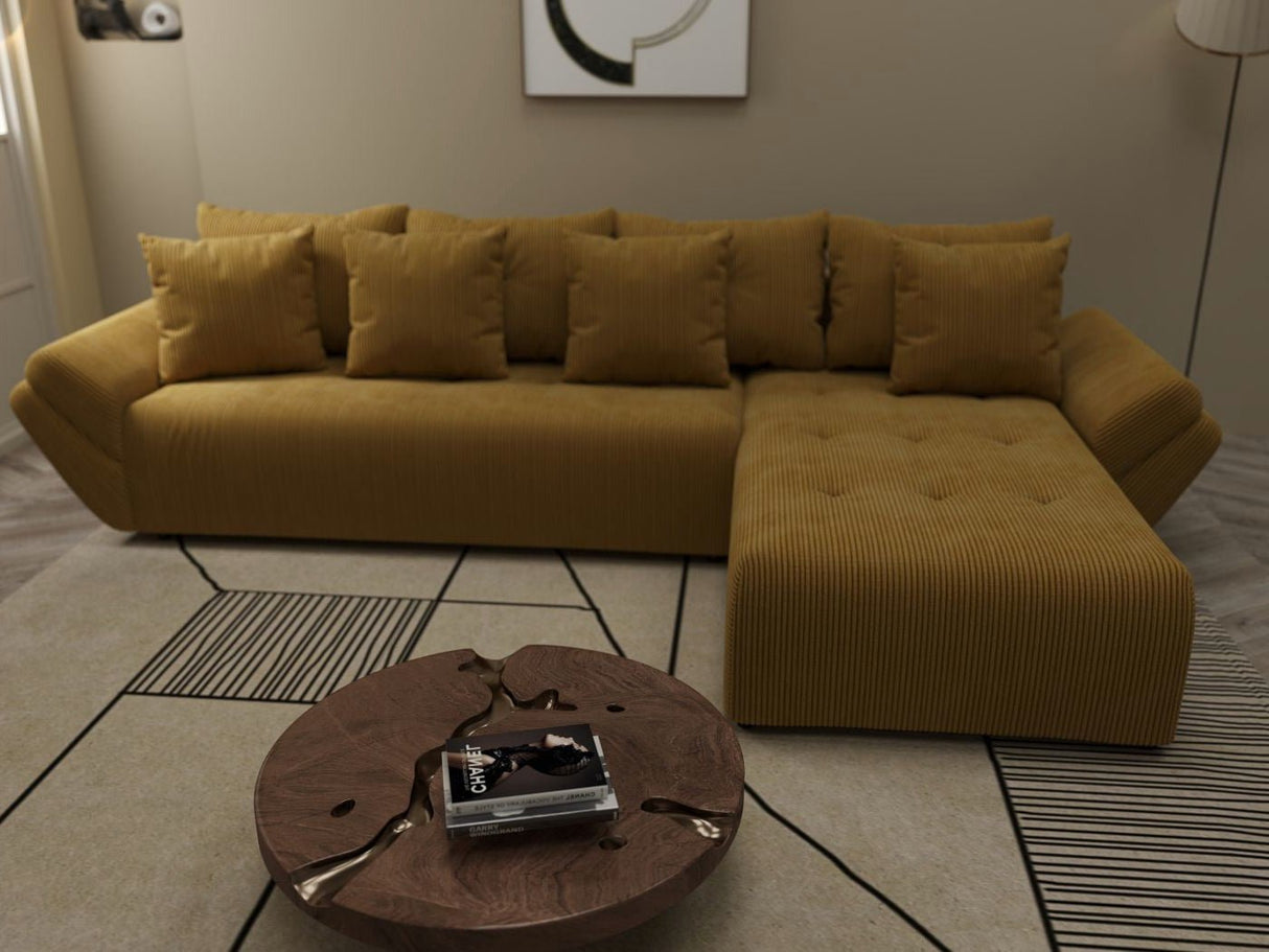 Colțar extensibil dumonde cu ladă de depozitare si sezut confortabil din spuma HR, Berlin XL Zoom Mustar 350x185 cm II Fabrica