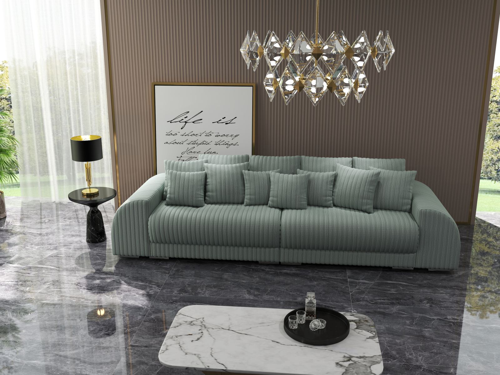 Canapea extensibilă dumonde cu 2 lăzi de depozitare si sezut confortabil din spuma HR, Verona Ambience Sage 310x100 cm Fabrica