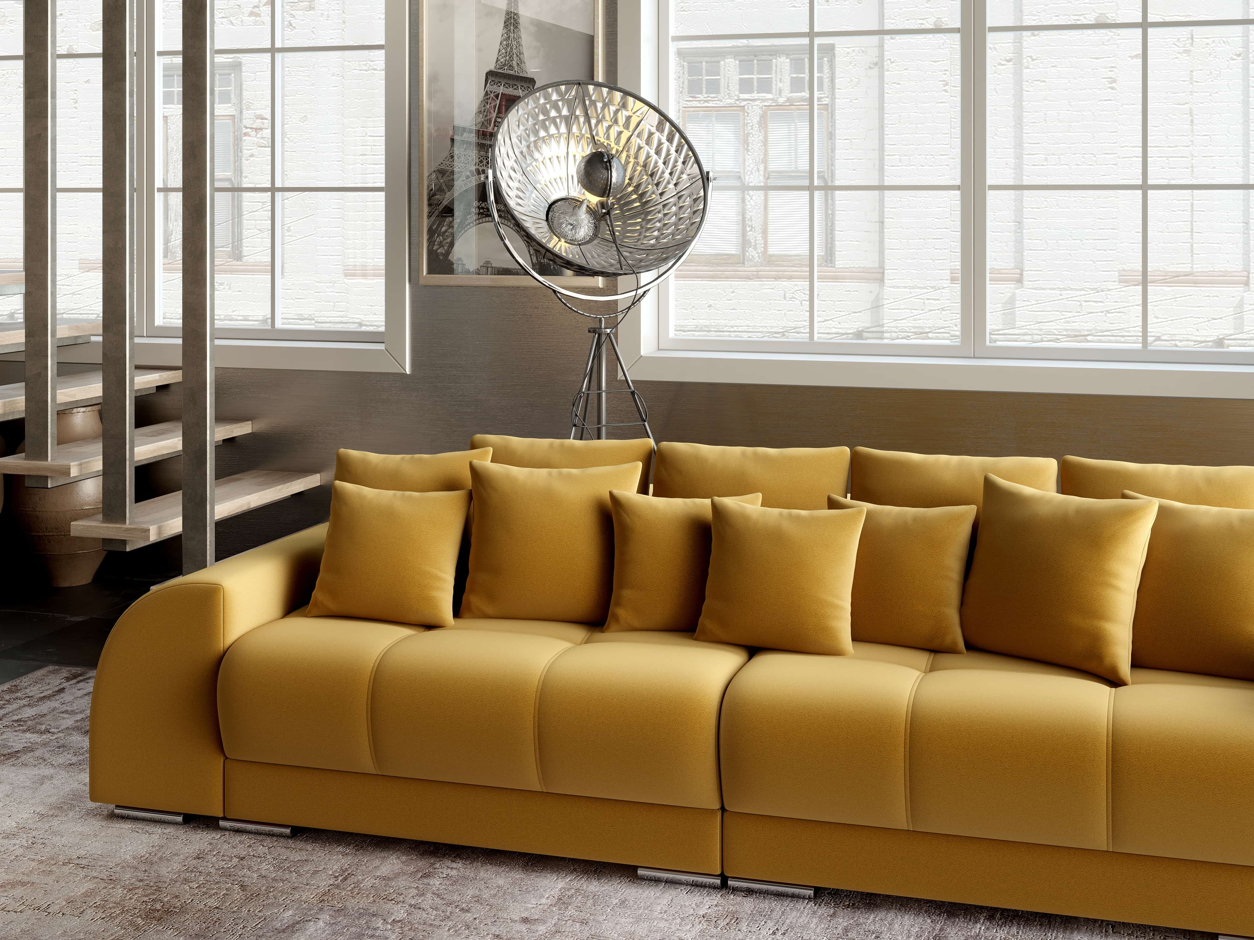 Canapea extensibilă dumonde cu 2 lăzi de depozitare si sezut confortabil din spuma HR, Verona Royal Mustar 310x100 cm Fabrica