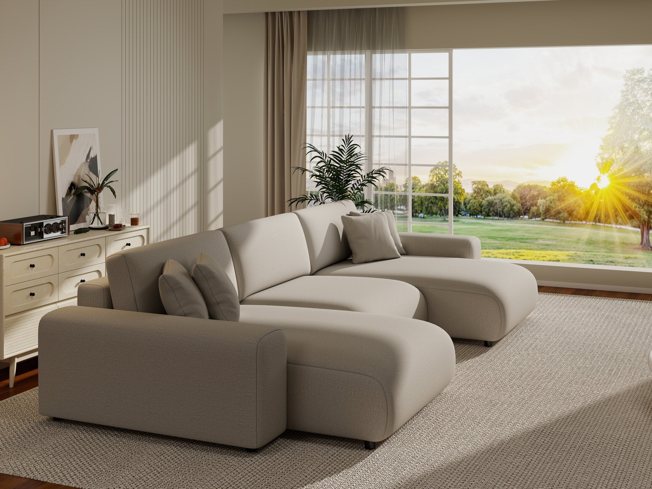 Colțar extensibil dumonde cu ladă de depozitare si sezut confortabil din spuma HR, Sarina U Enjoy Bej 350x168 cm