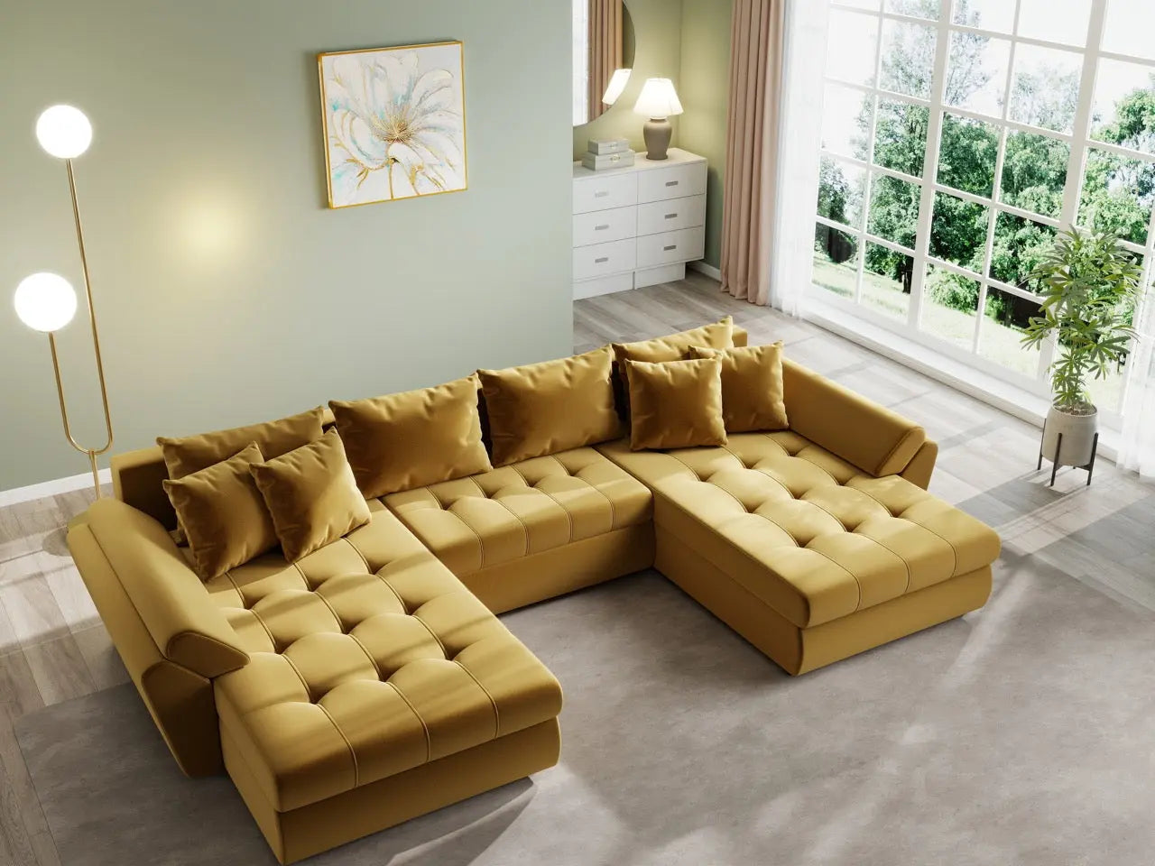 Colțar extensibil dumonde cu ladă de depozitare si sezut confortabil din spuma HR, Loana U Royal Mustar 355x185 cm Fabrica