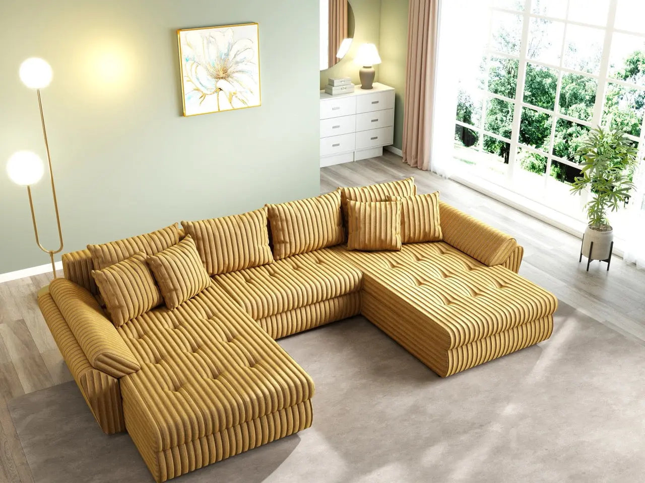 Colțar extensibil dumonde cu ladă de depozitare si sezut confortabil din spuma HR, Loana U Ambience Mustar 355x185 cm Fabrica