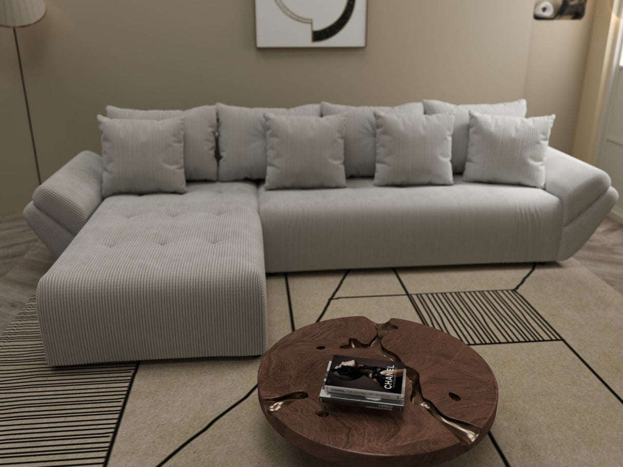 Colțar extensibil dumonde cu ladă de depozitare si sezut confortabil din spuma HR, Berlin XL Zoom Pearl 350x185 cm