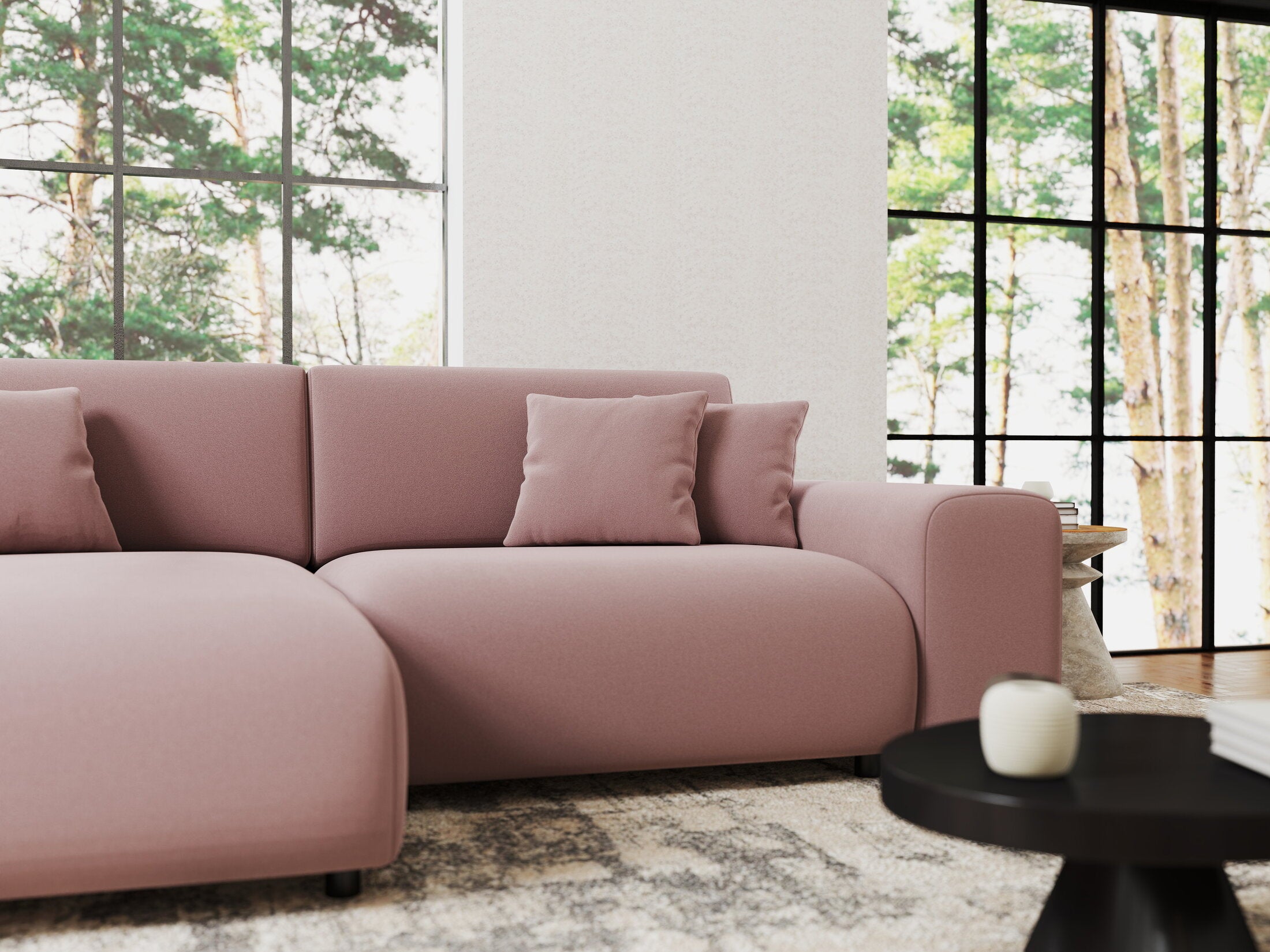 Colțar extensibil dumonde cu ladă de depozitare si sezut confortabil din spuma HR, Sarina Royal Roz 255x168 cm