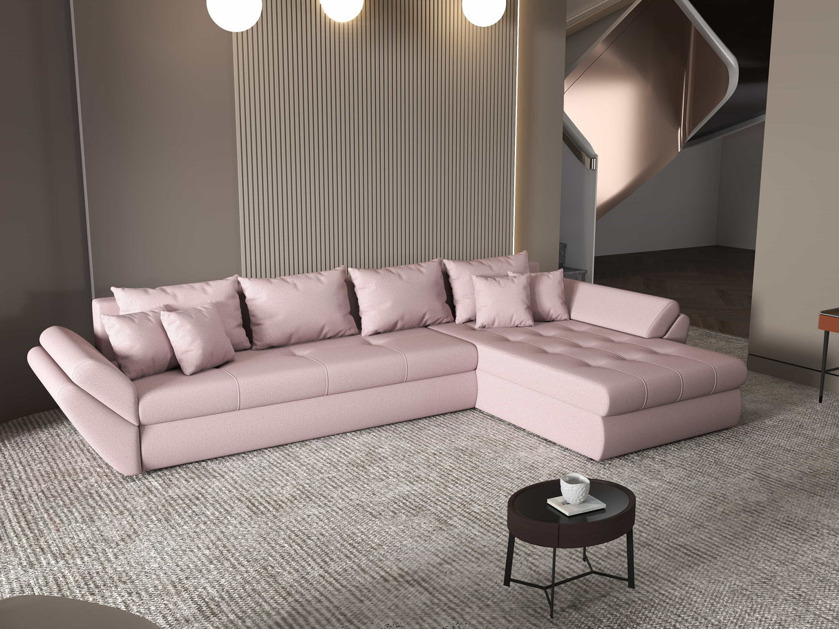 Colțar extensibil dumonde cu ladă de depozitare si sezut confortabil din spuma HR, Loana XL Enjoy Roz II 335x185 cm Fabrica
