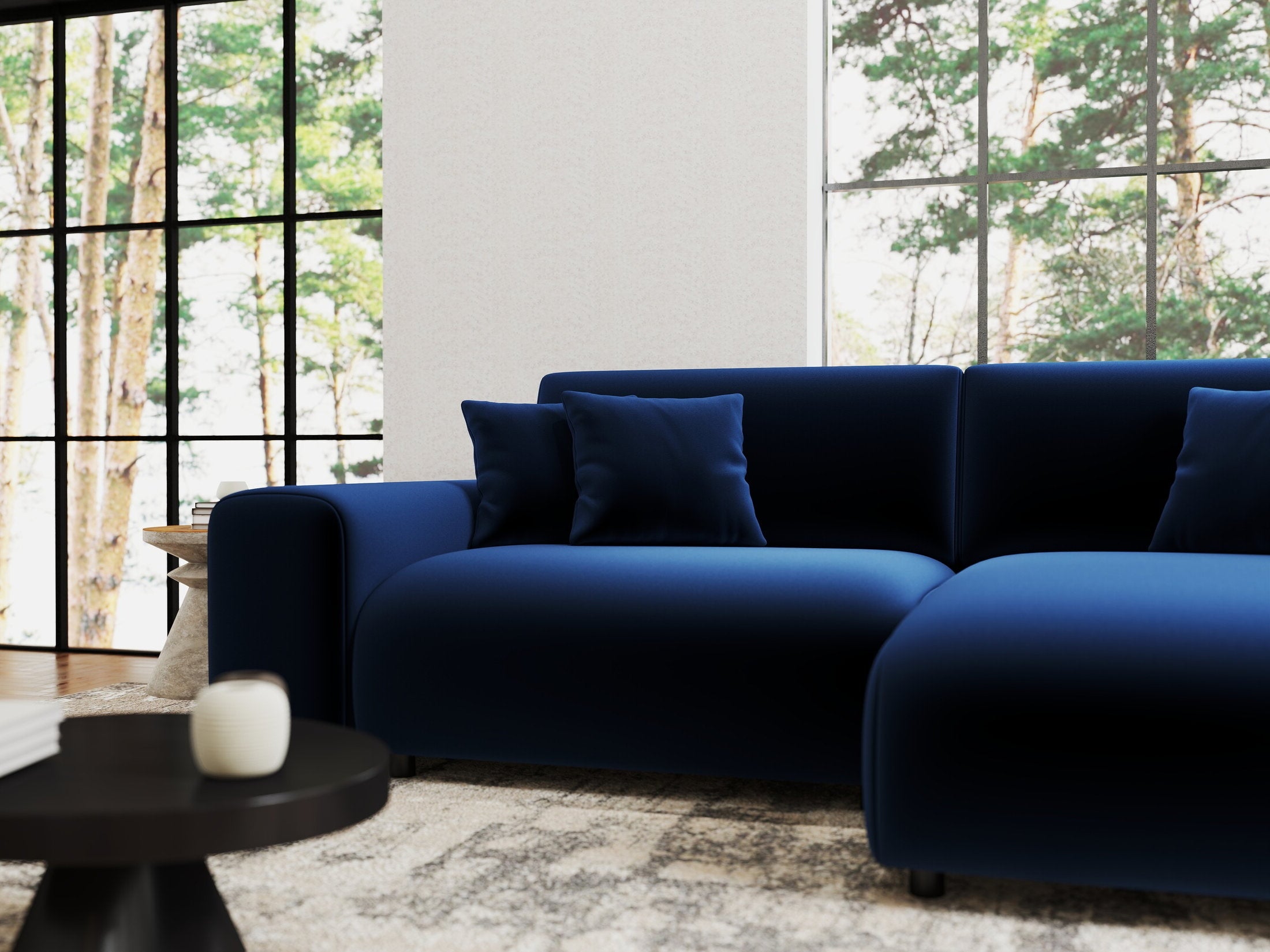 Colțar extensibil dumonde cu ladă de depozitare si sezut confortabil din spuma HR, Sarina Royal Albastru Navy 255x168 cm II