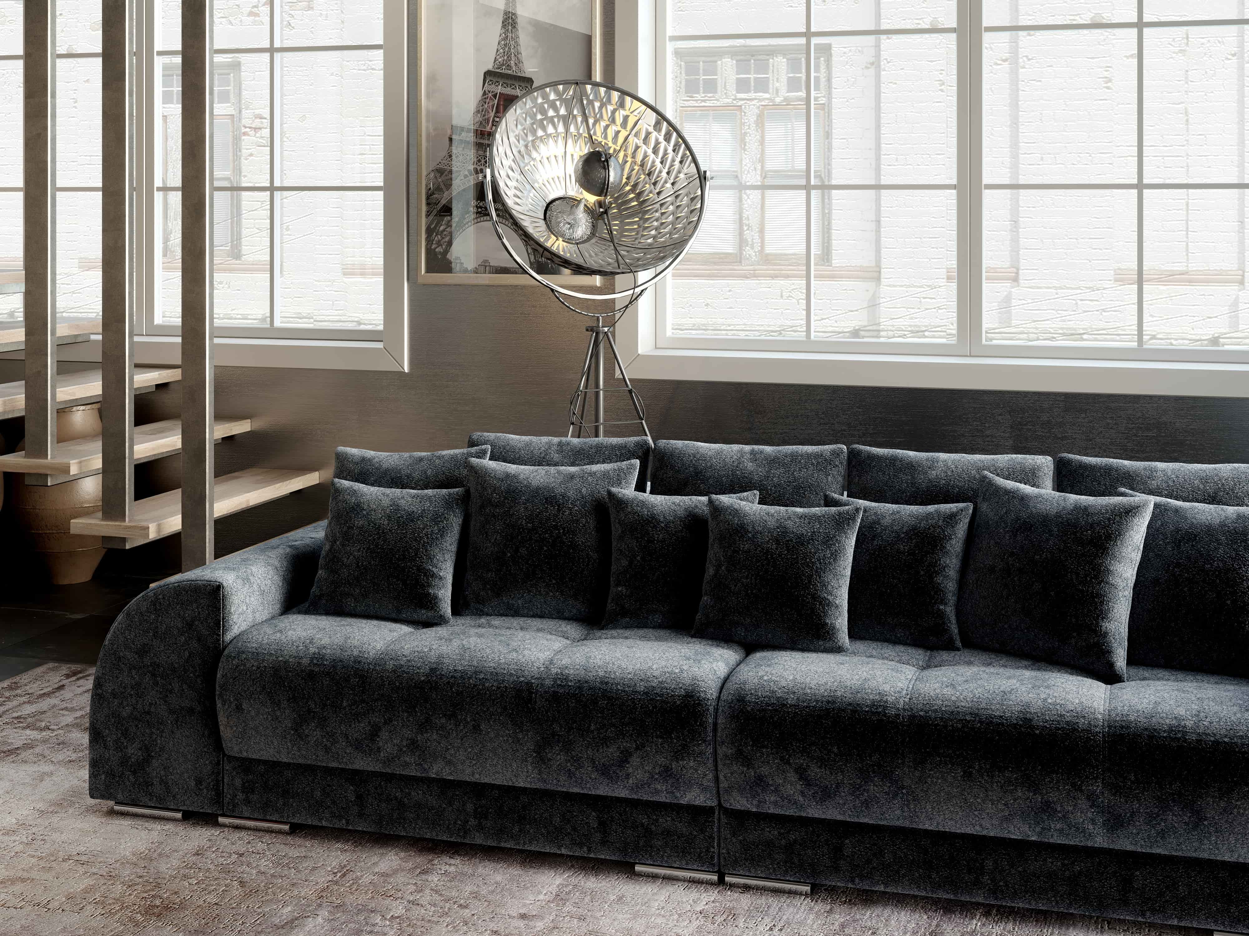 Canapea extensibilă dumonde cu 2 lăzi de depozitare si sezut confortabil din spuma HR, Verona Euphoria Grafit 310x100 cm Fabrica