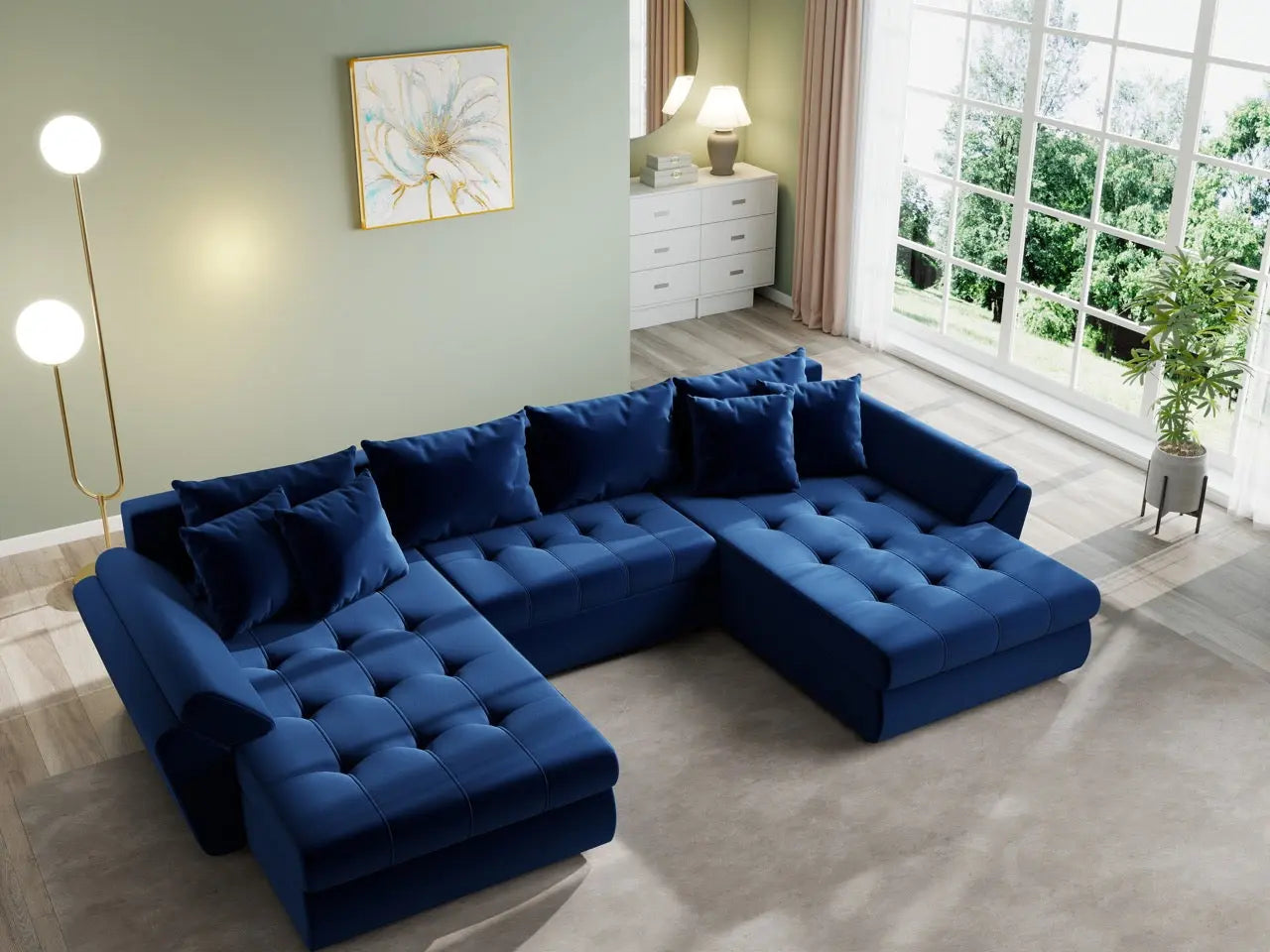 Colțar extensibil dumonde cu ladă de depozitare si sezut confortabil din spuma HR, Loana U Royal Blue 355x185 cm Fabrica