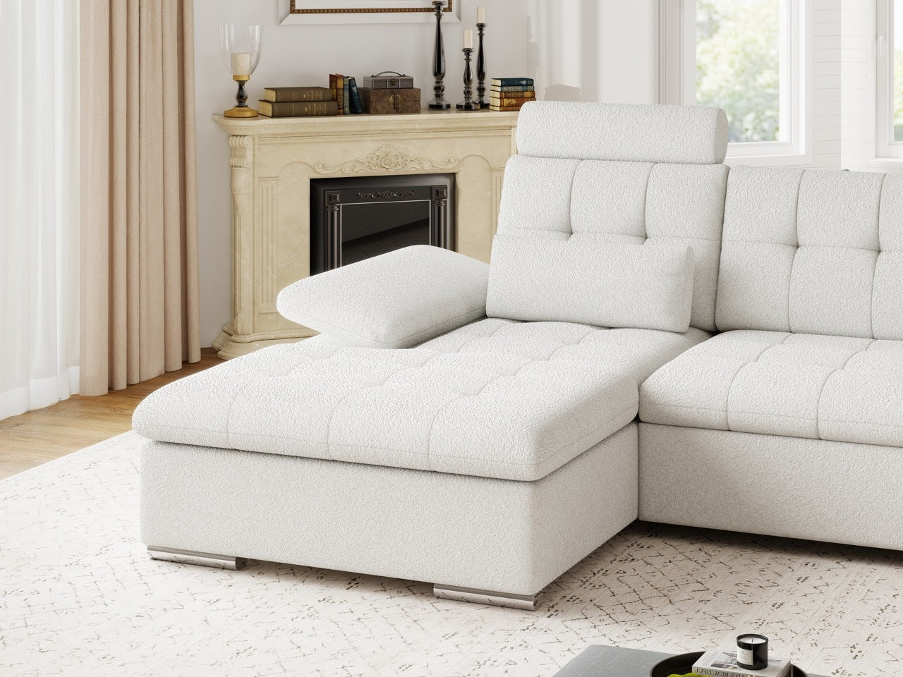 Colțar extensibil dumonde cu ladă de depozitare și șezut confortabil din spumă HR, Merkur Euphoria Alb 270x168 cm