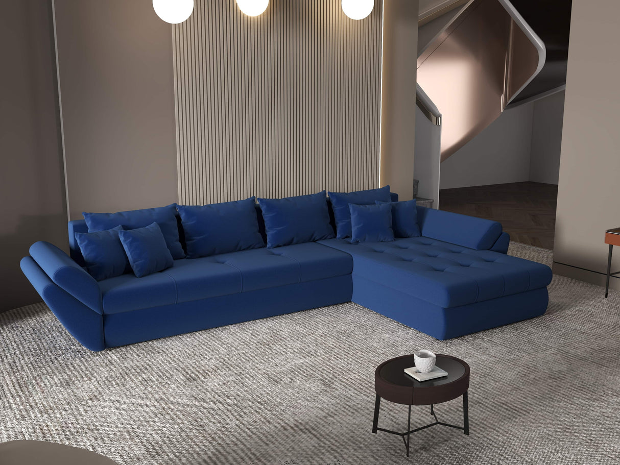 Colțar extensibil dumonde cu ladă de depozitare si sezut confortabil din spuma HR, Loana XL Royal Albastru II 335x185 cm Fabrica